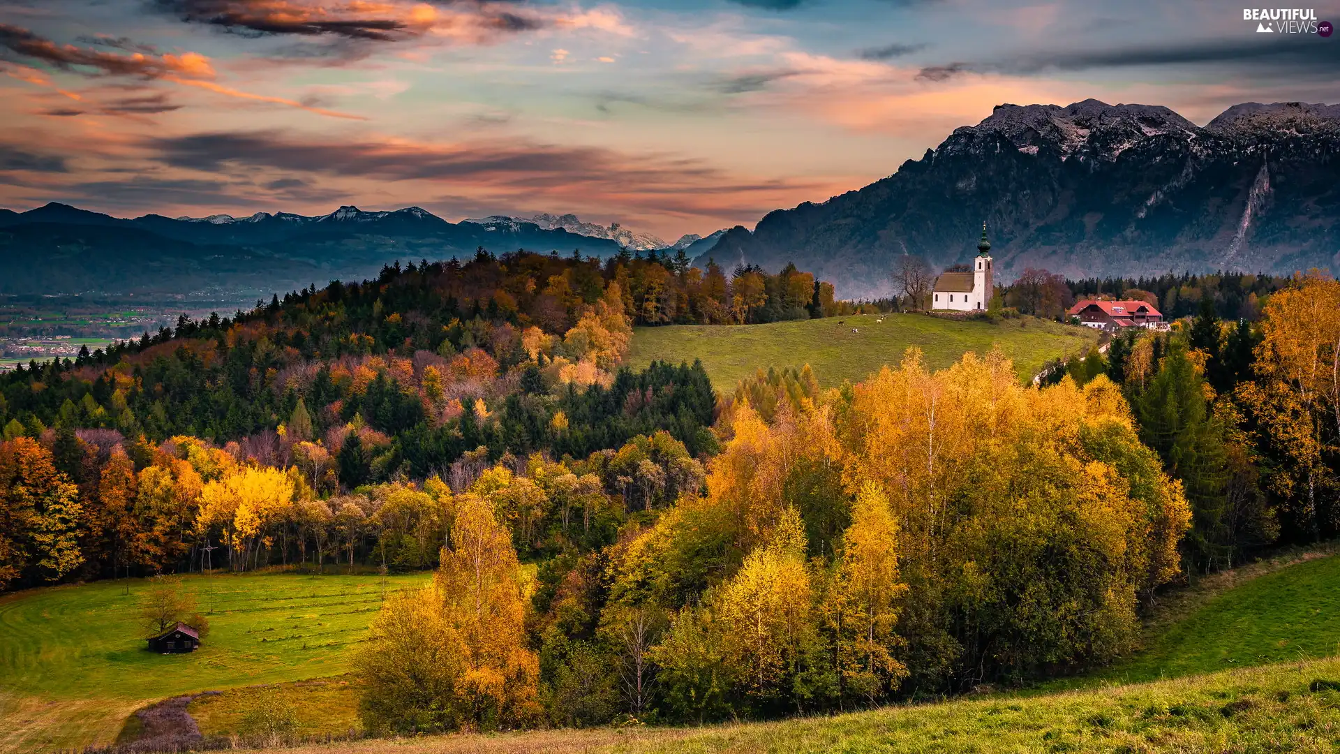 viewes, autumn, Hill, Church, Mountains, trees