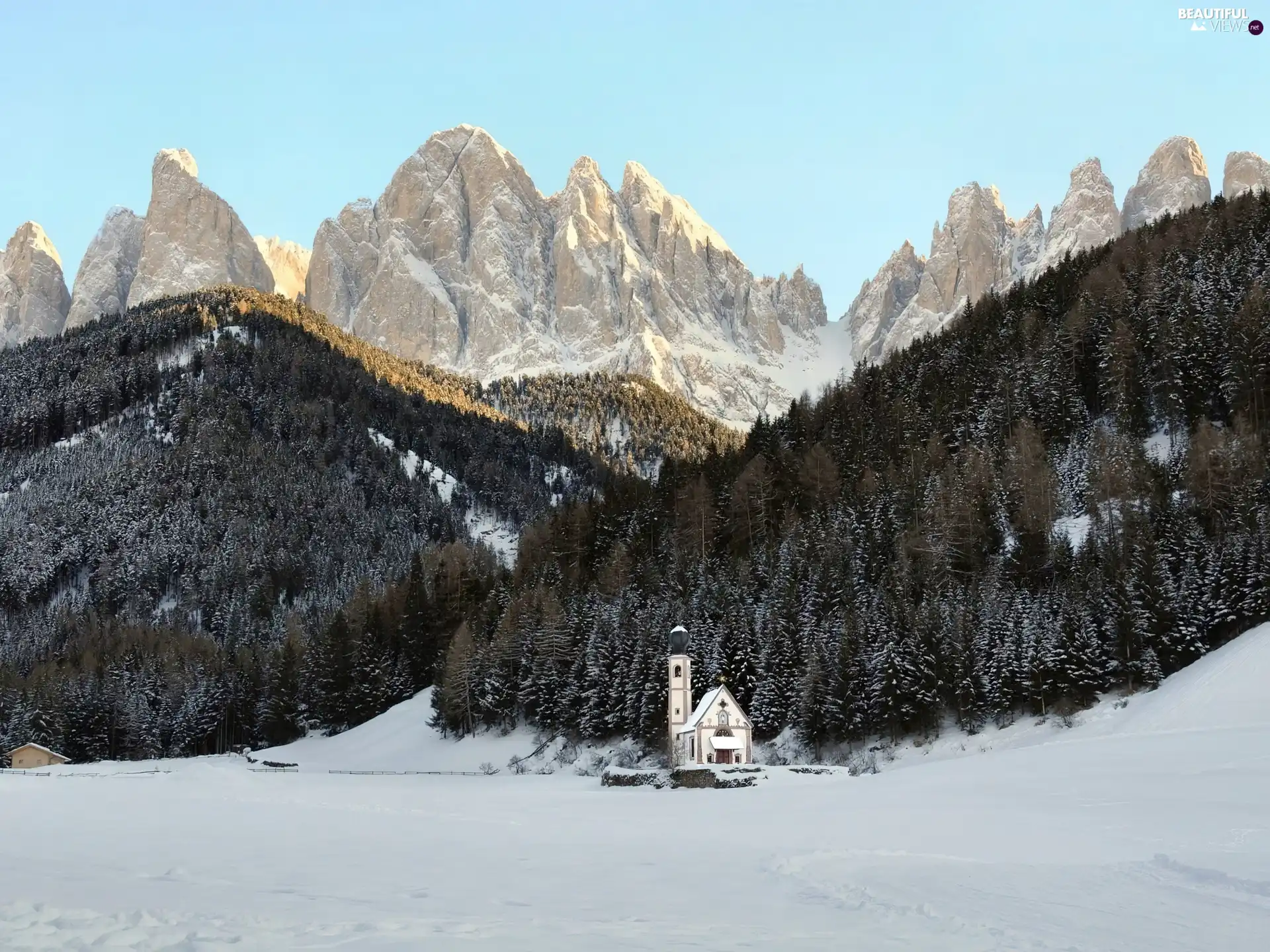 winter, forest, Church, Mountains