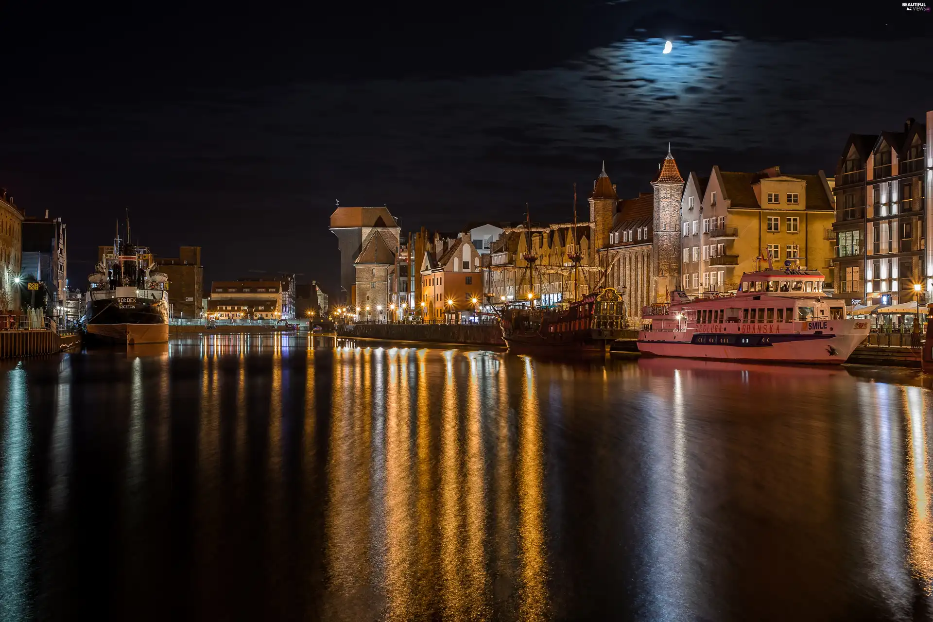 River, vessels, Gdańsk, City at Night, Poland