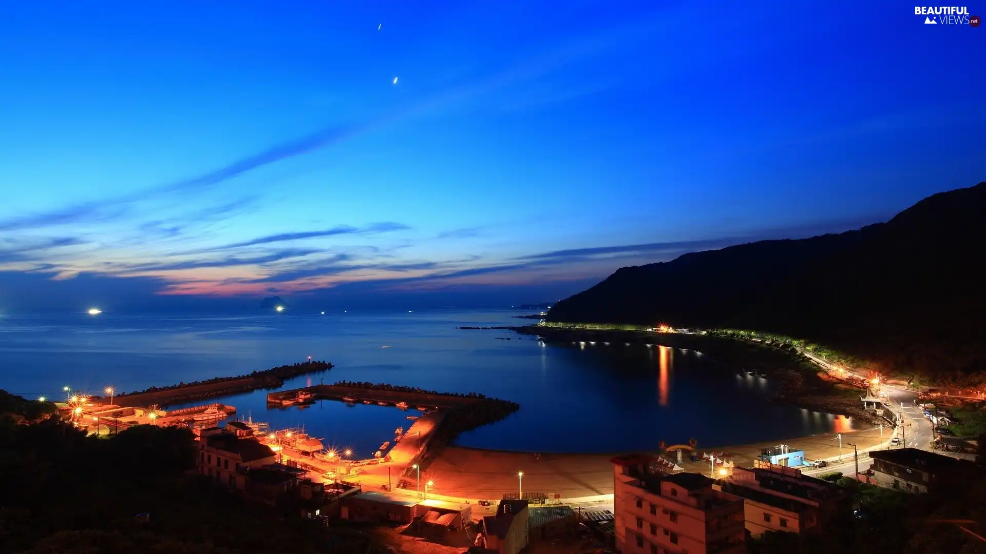 sea, evening, City at Night, Gulf