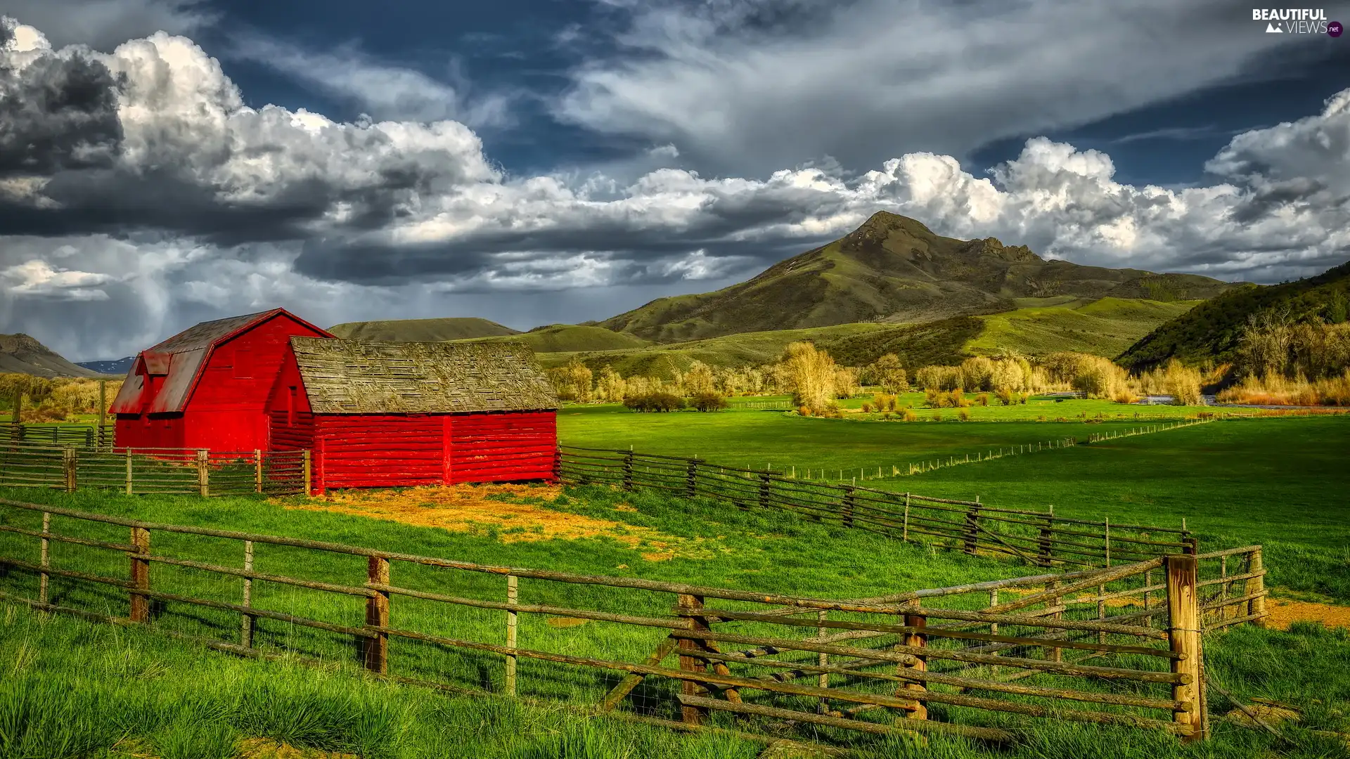 fence, Red, Mountains, clouds, field, Barns