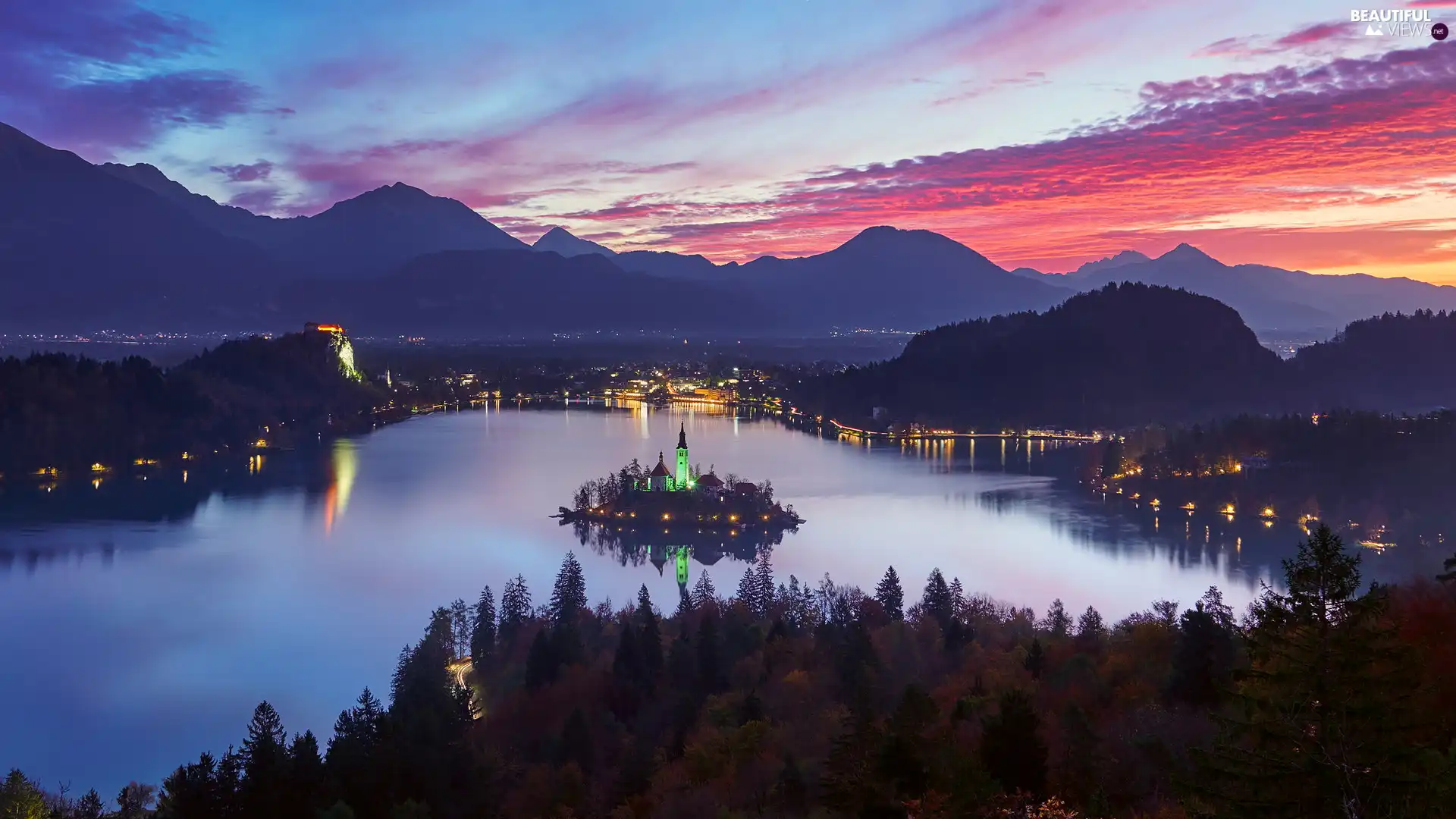 Lake Bled, Slovenia, Mountains, Church, trees, Sunrise, clouds, Blejski Otok Island, Bled, viewes, Julian Alps