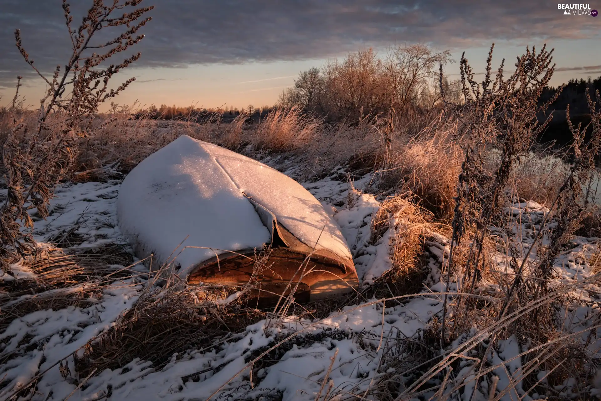 grass, clouds, Boat, scrub, winter