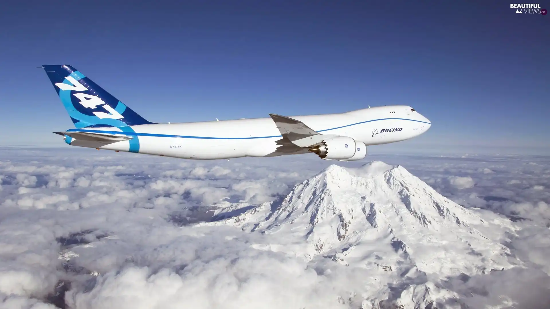 Boeing, Mountains, clouds, 747