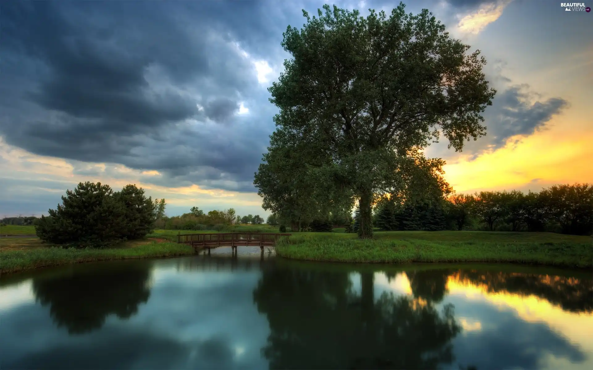 River Bridge, viewes, clouds, trees