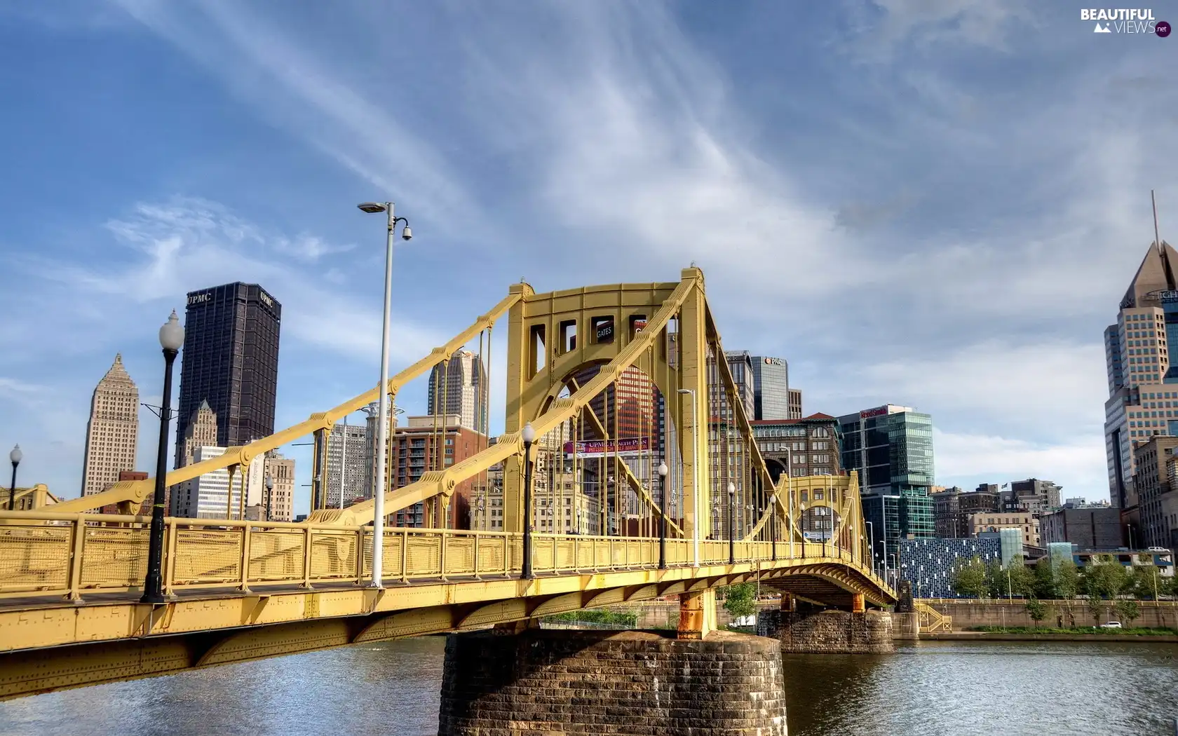 clouds, River, bridge