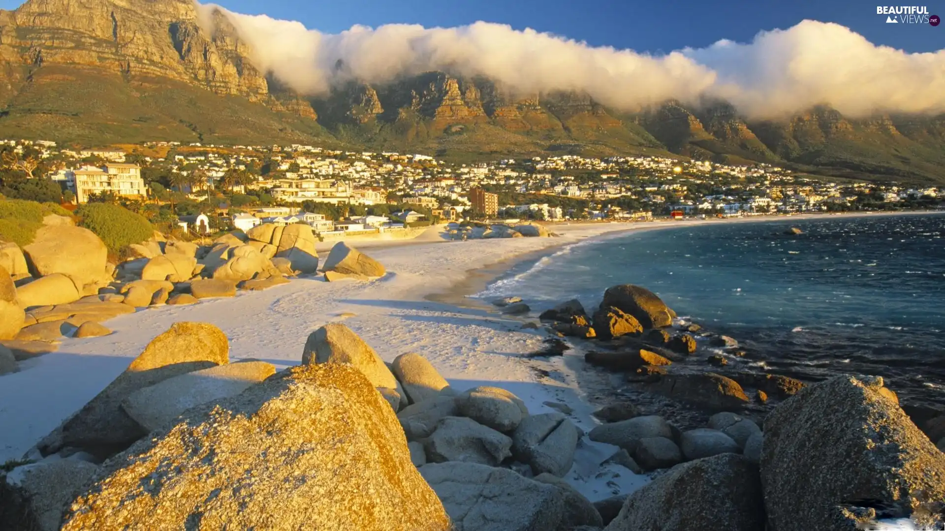 clouds, buildings, Stones, Cliffs, sea