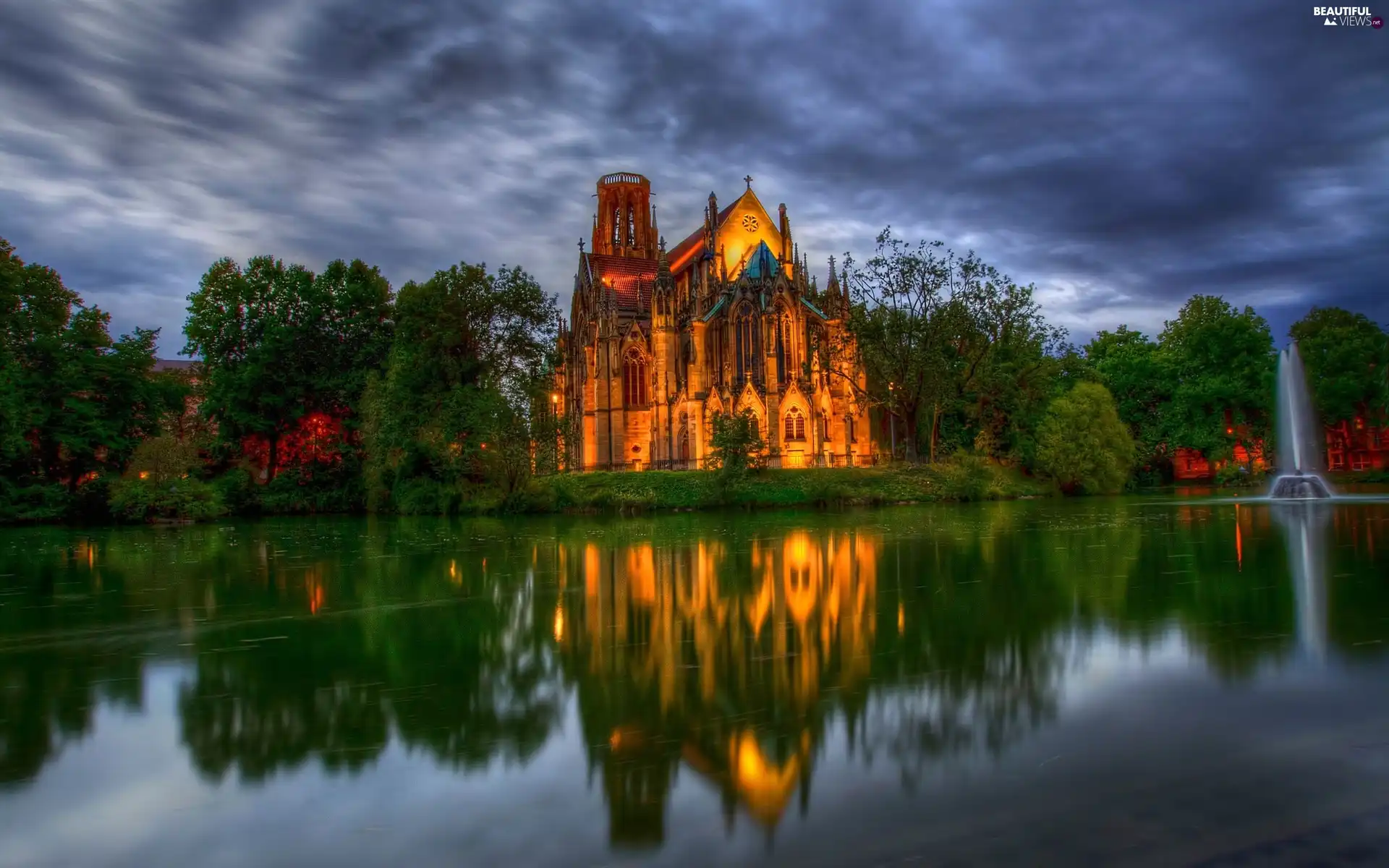 Castle, lake, clouds, fountain