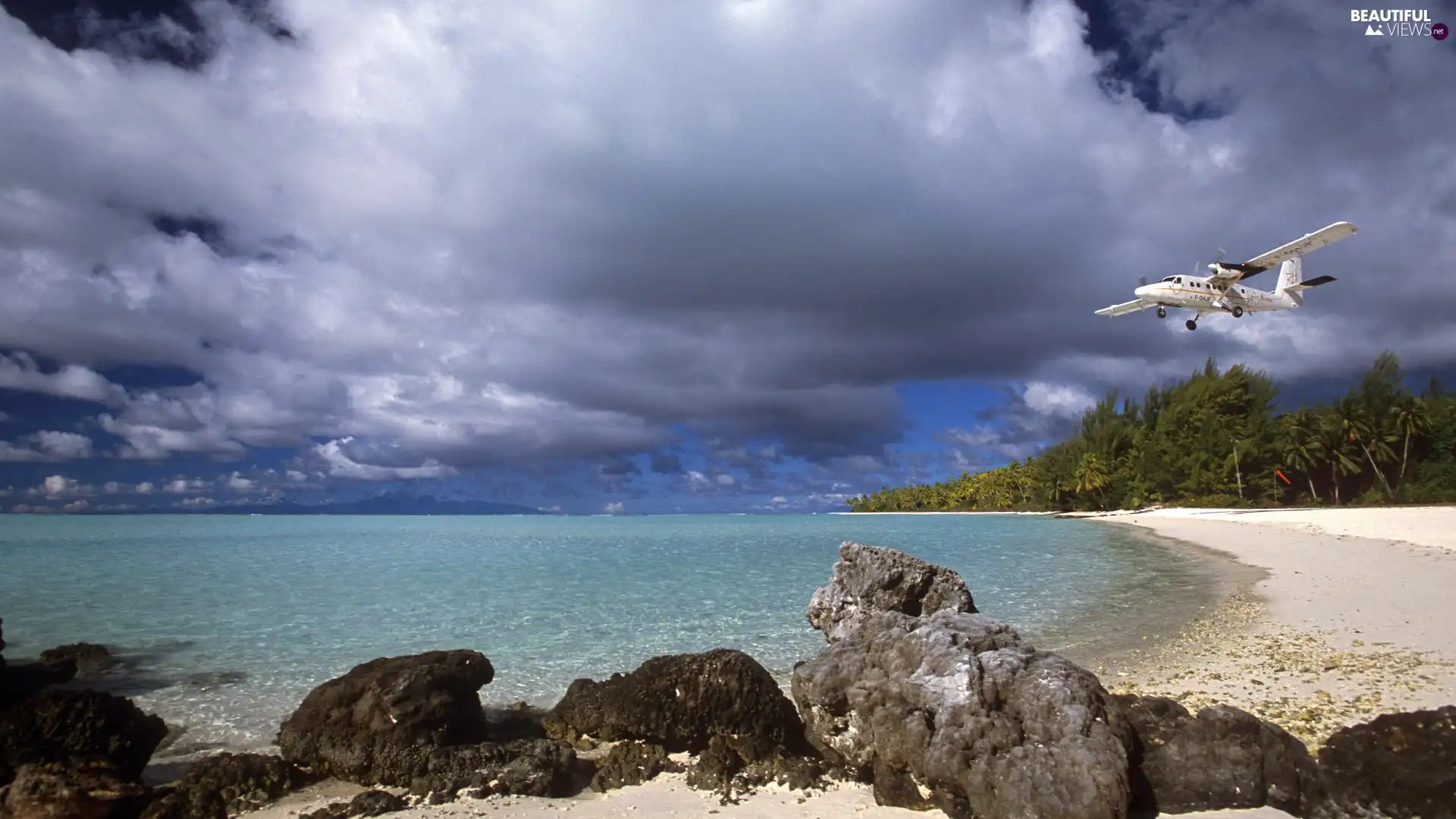 Coast, plane, clouds, rocks