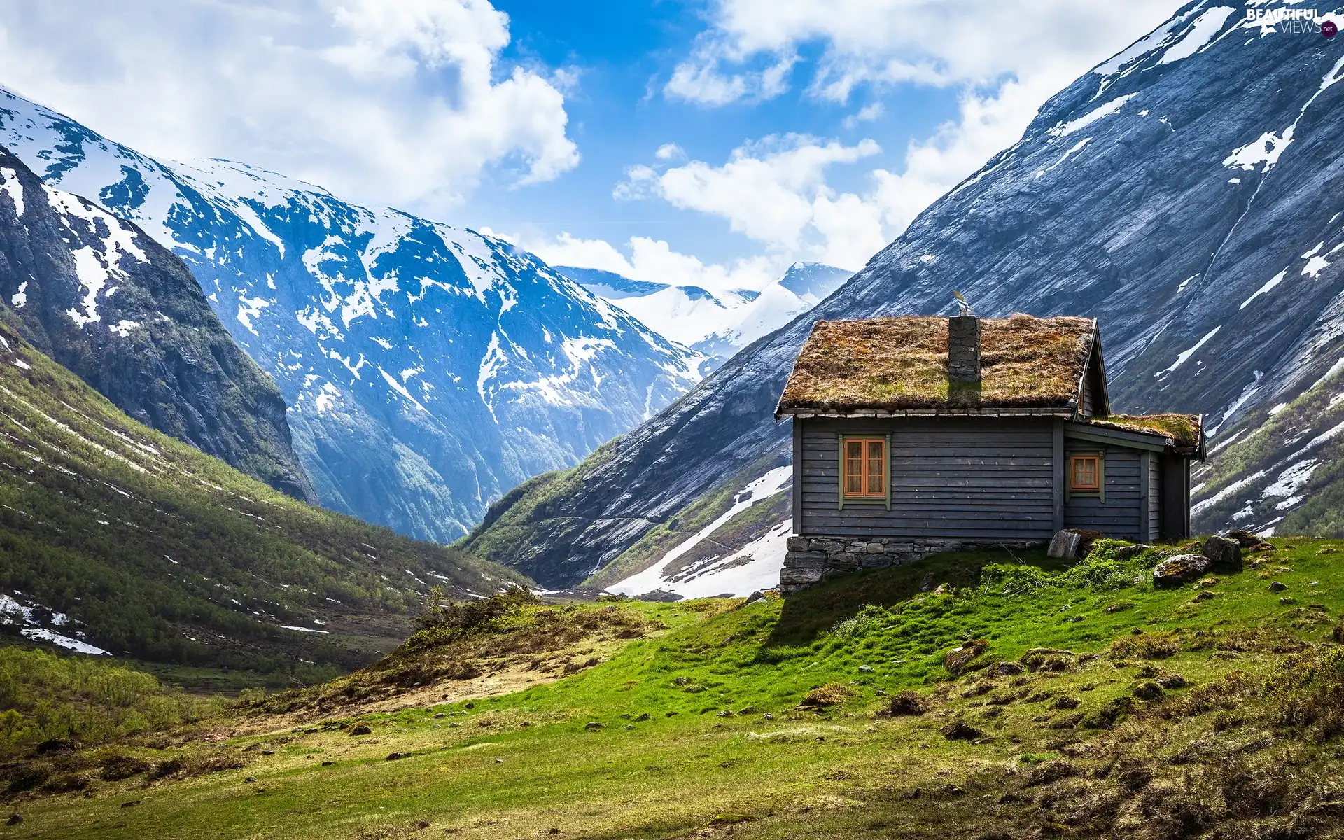 clouds, Mountains, cottage