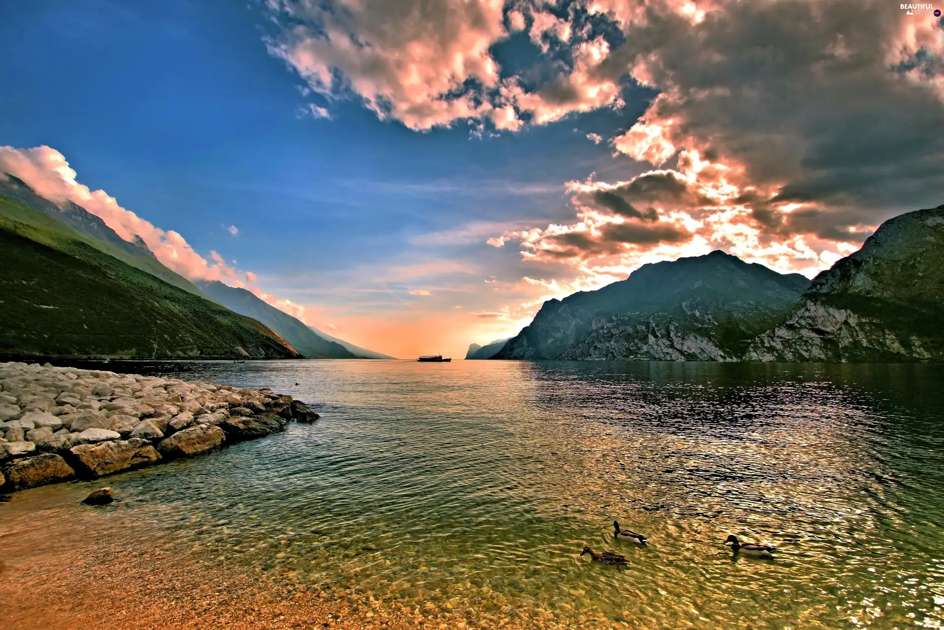 clouds, ducks, Mountains, Stones, River