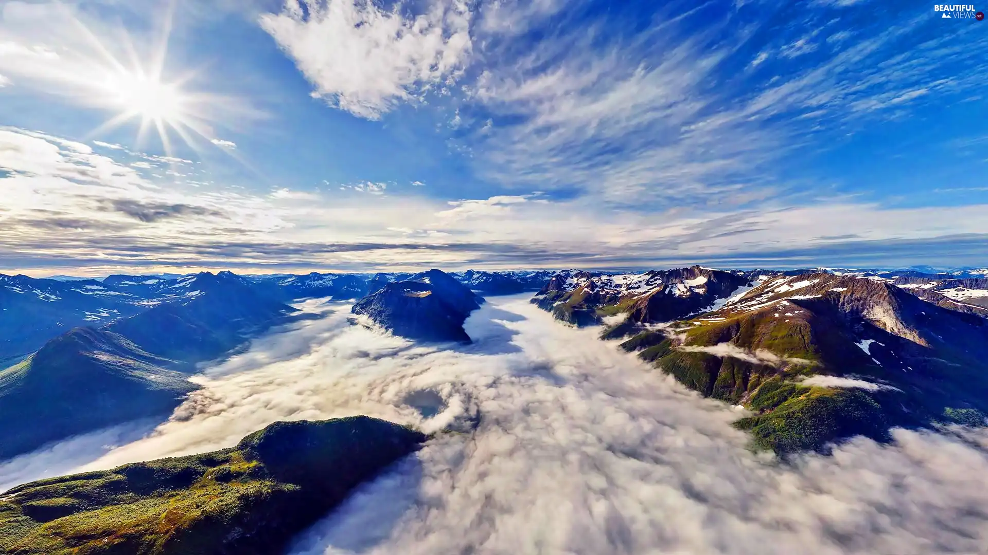 rays, Mountains, Over the Fjords, Aerial View, sun, clouds