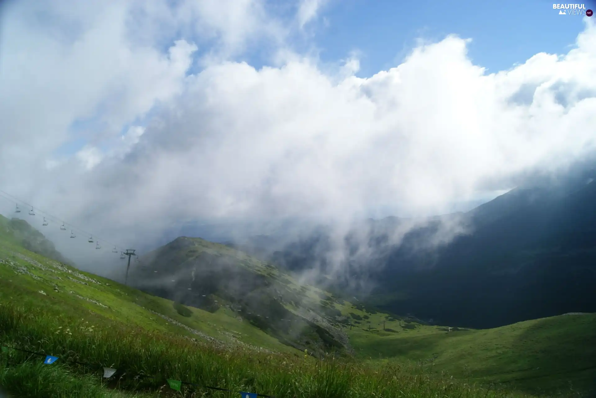clouds, Fog, Lift, chair, Mountains