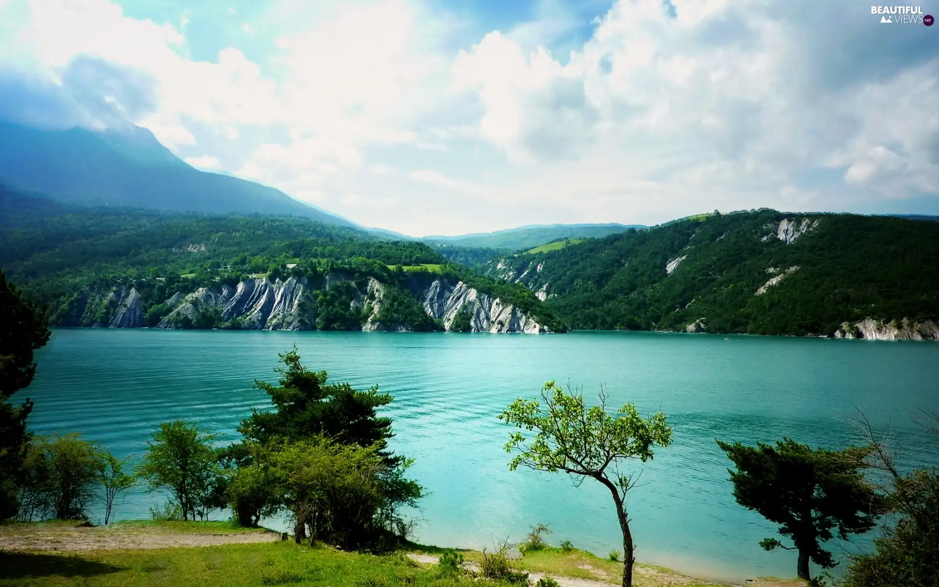 forest, rocks, clouds, lake