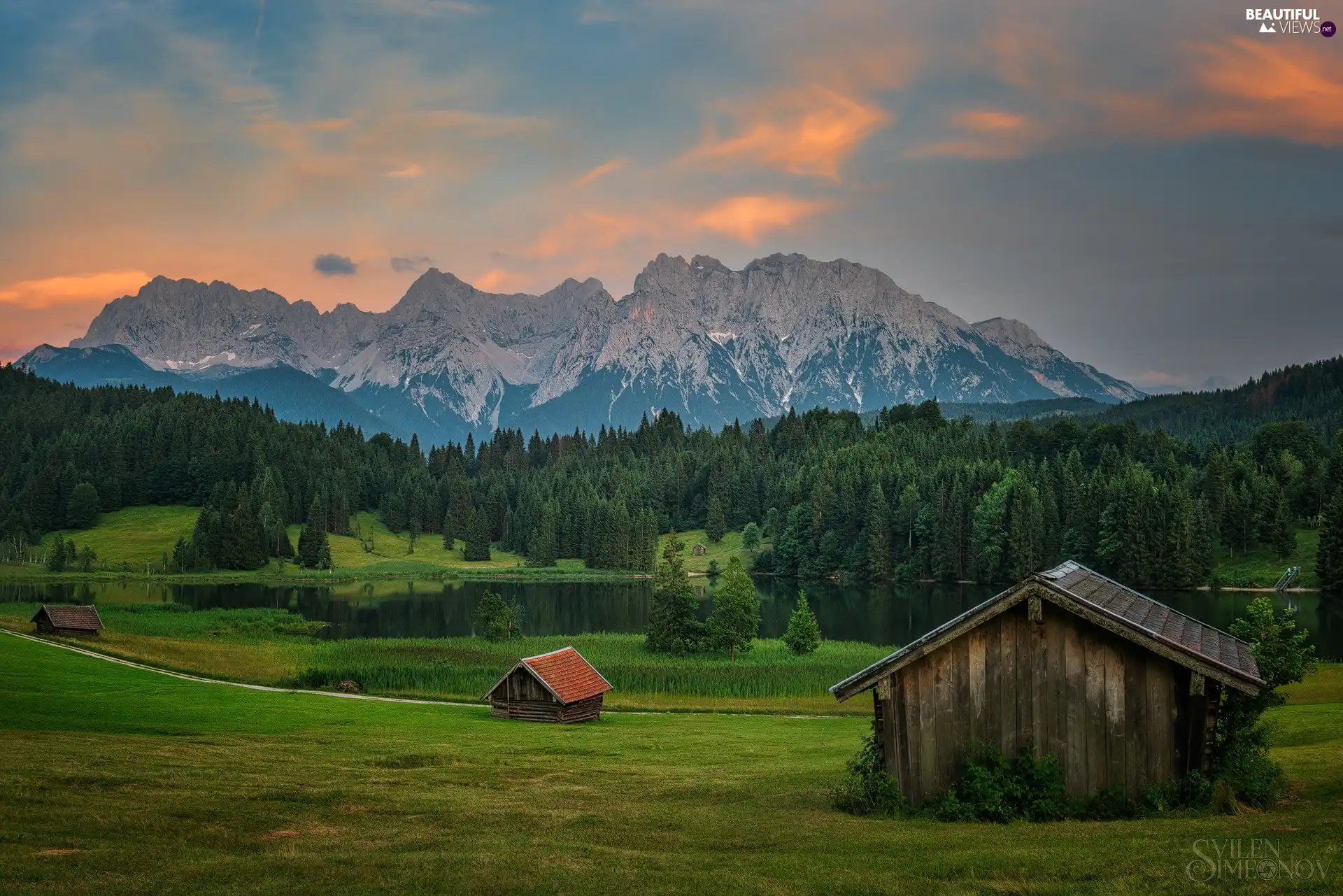 lake, Mountains, Way, clouds, Houses, forest