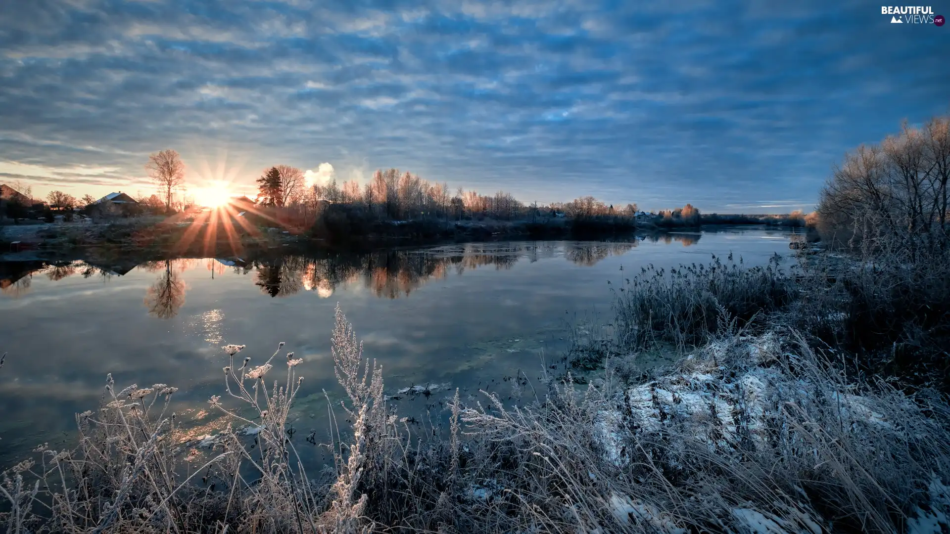 Bush, Dubna River, White frost, trees, Latgale, Latvia, clouds, rays of the Sun, viewes