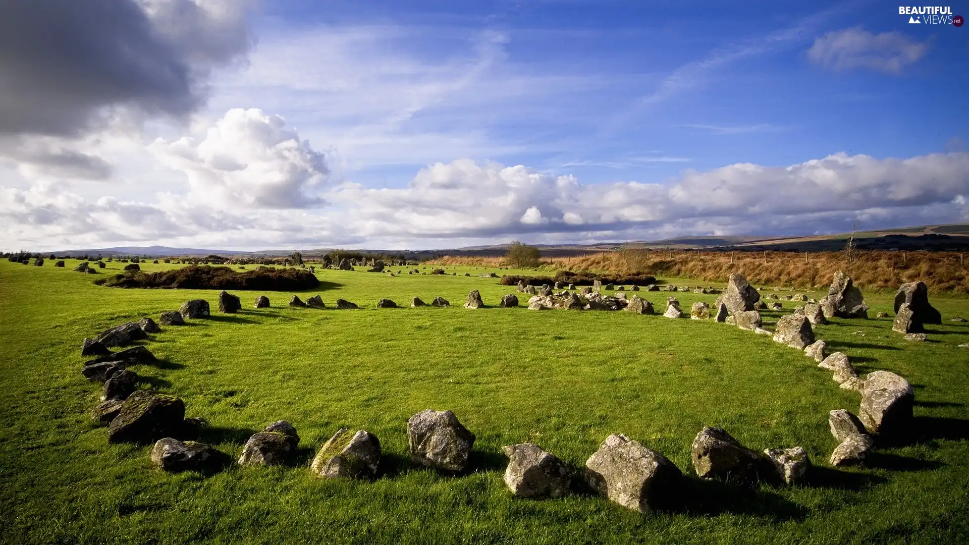 clouds, Stones, grass