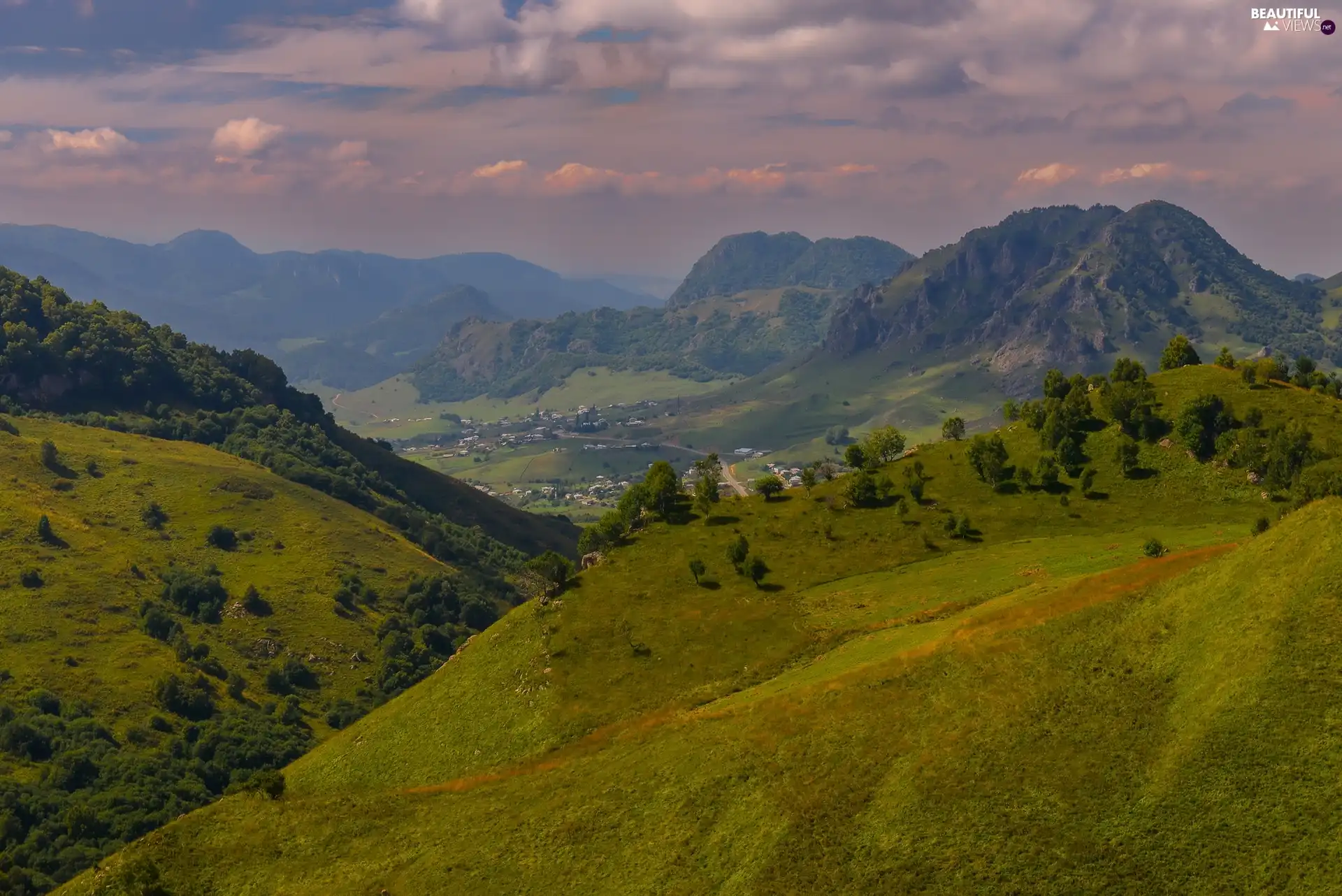 Valley, The Hills, viewes, Mountains, forested, trees, clouds