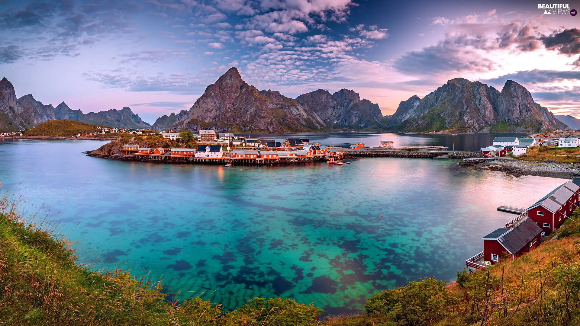 sea, Lofoten, Houses, Mountains, Norway, Reine Village, clouds