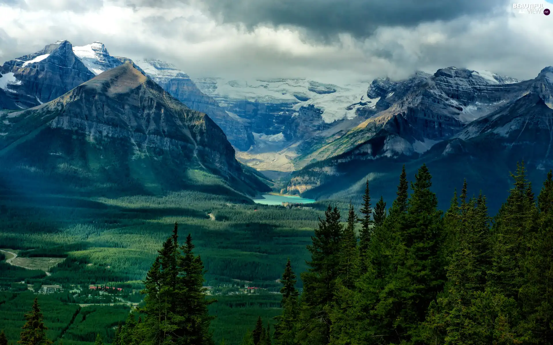 Mountains, viewes, Houses, clouds, trees, lake, Valley