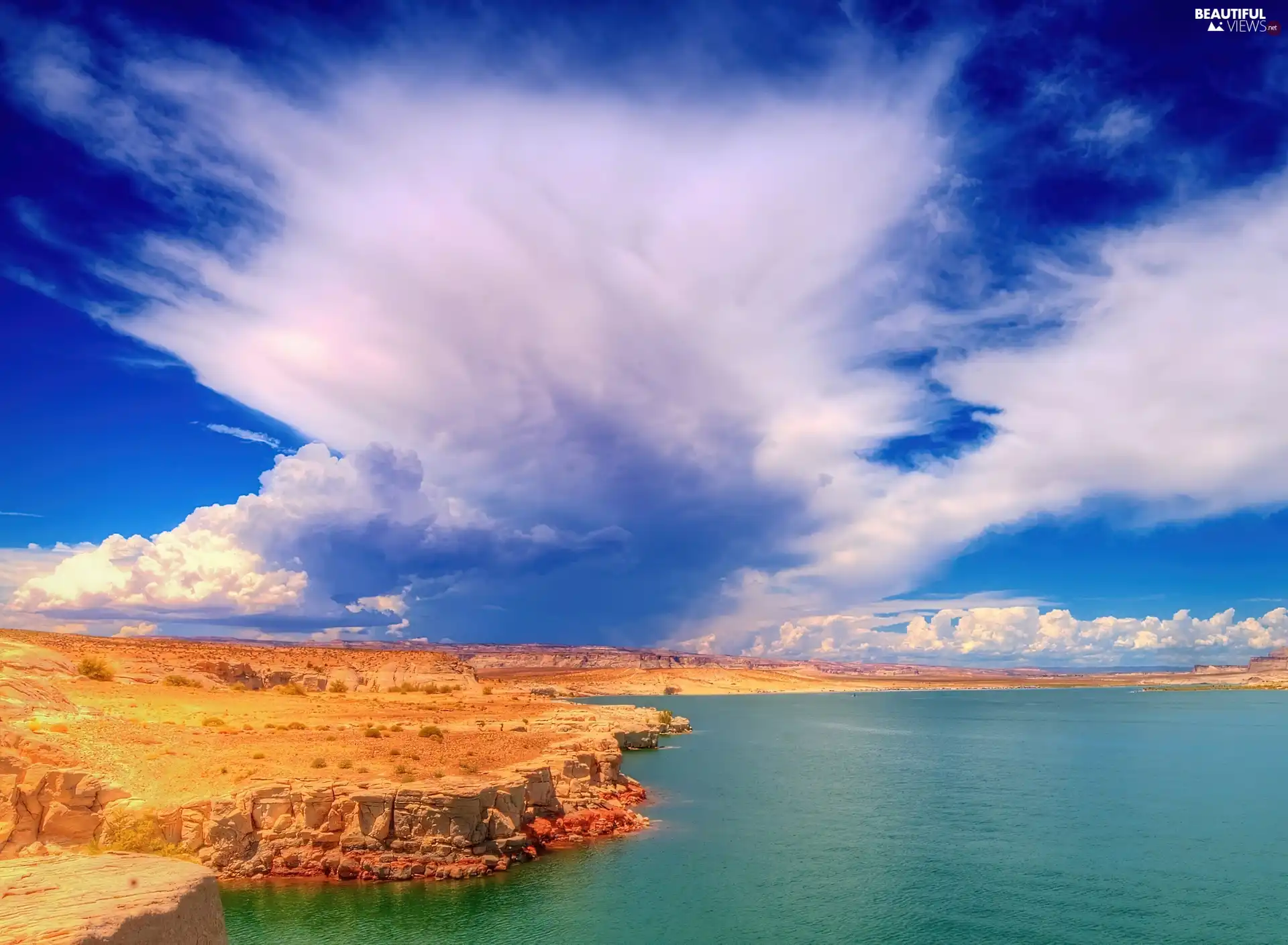 clouds, canyon, lake