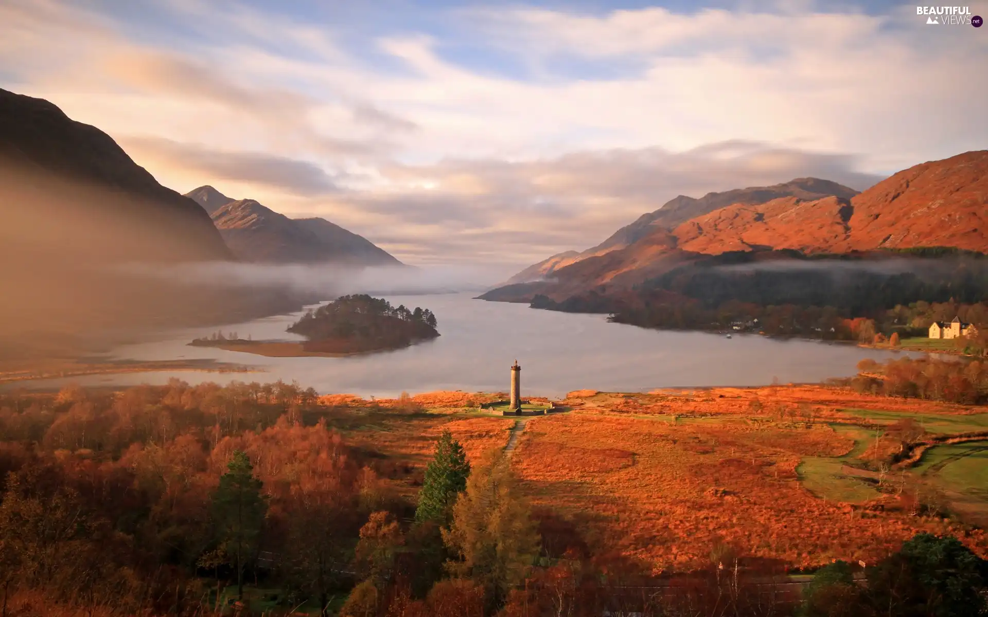 lake, Fog, clouds, Mountains