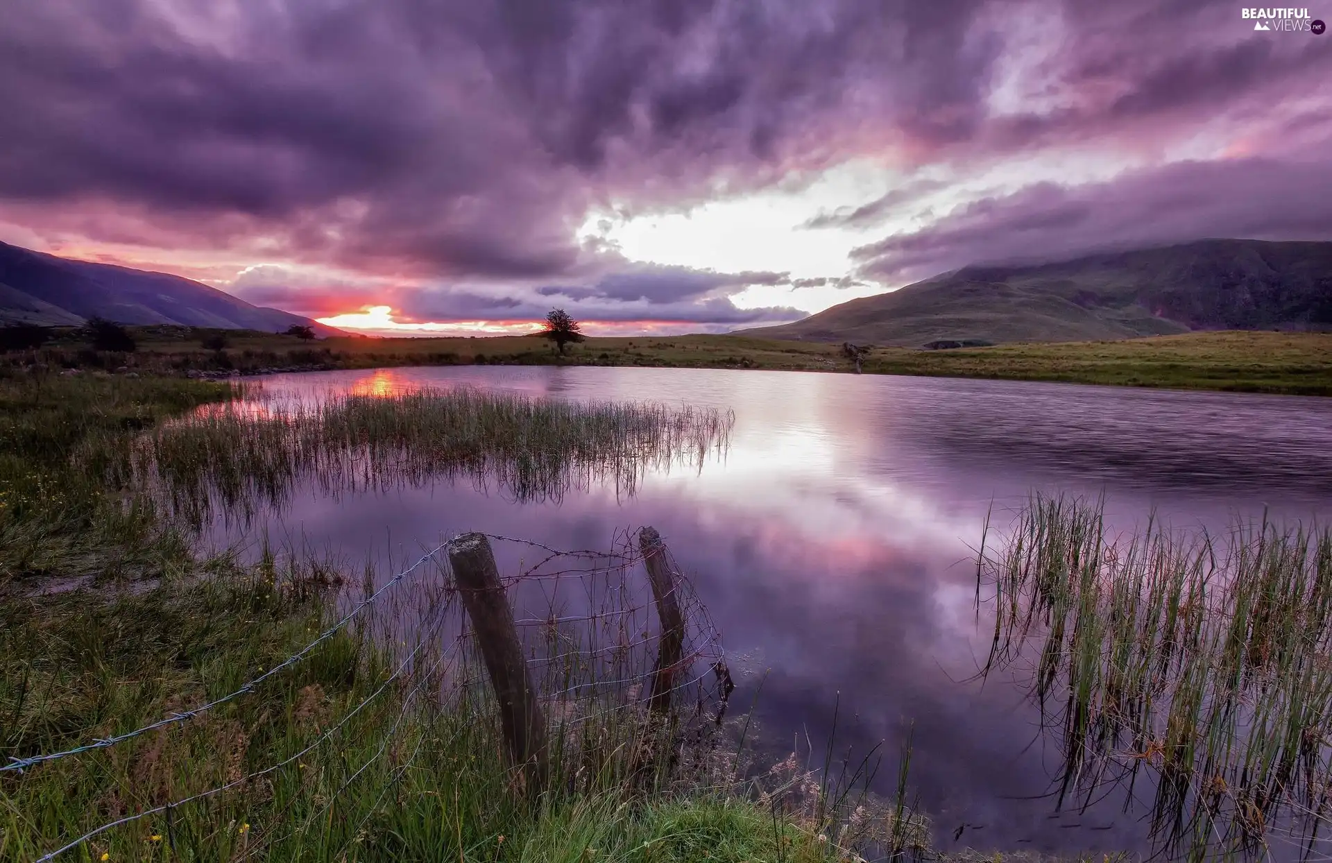 lake, grass, clouds, Mountains