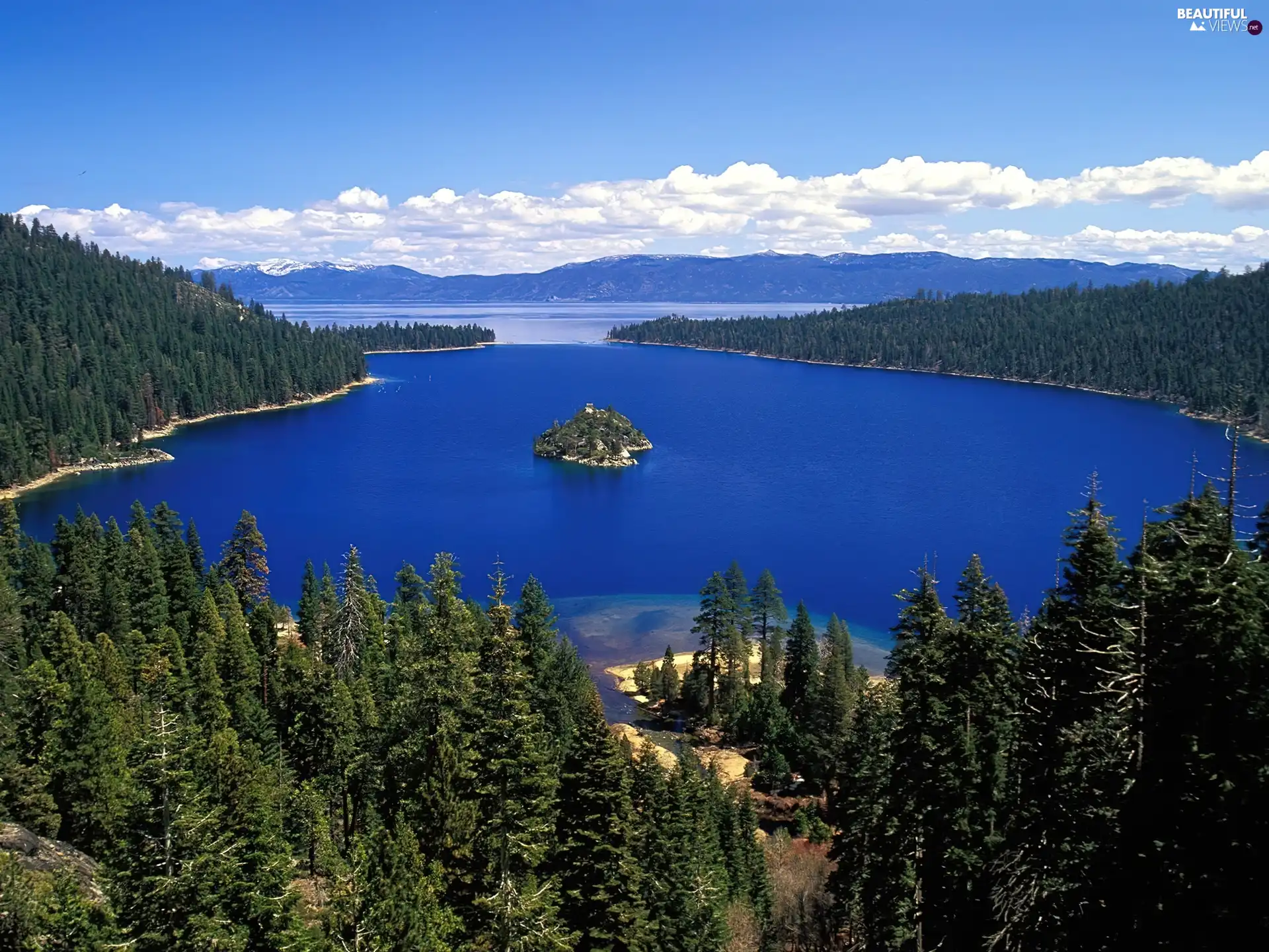 lake, Islet, clouds, woods