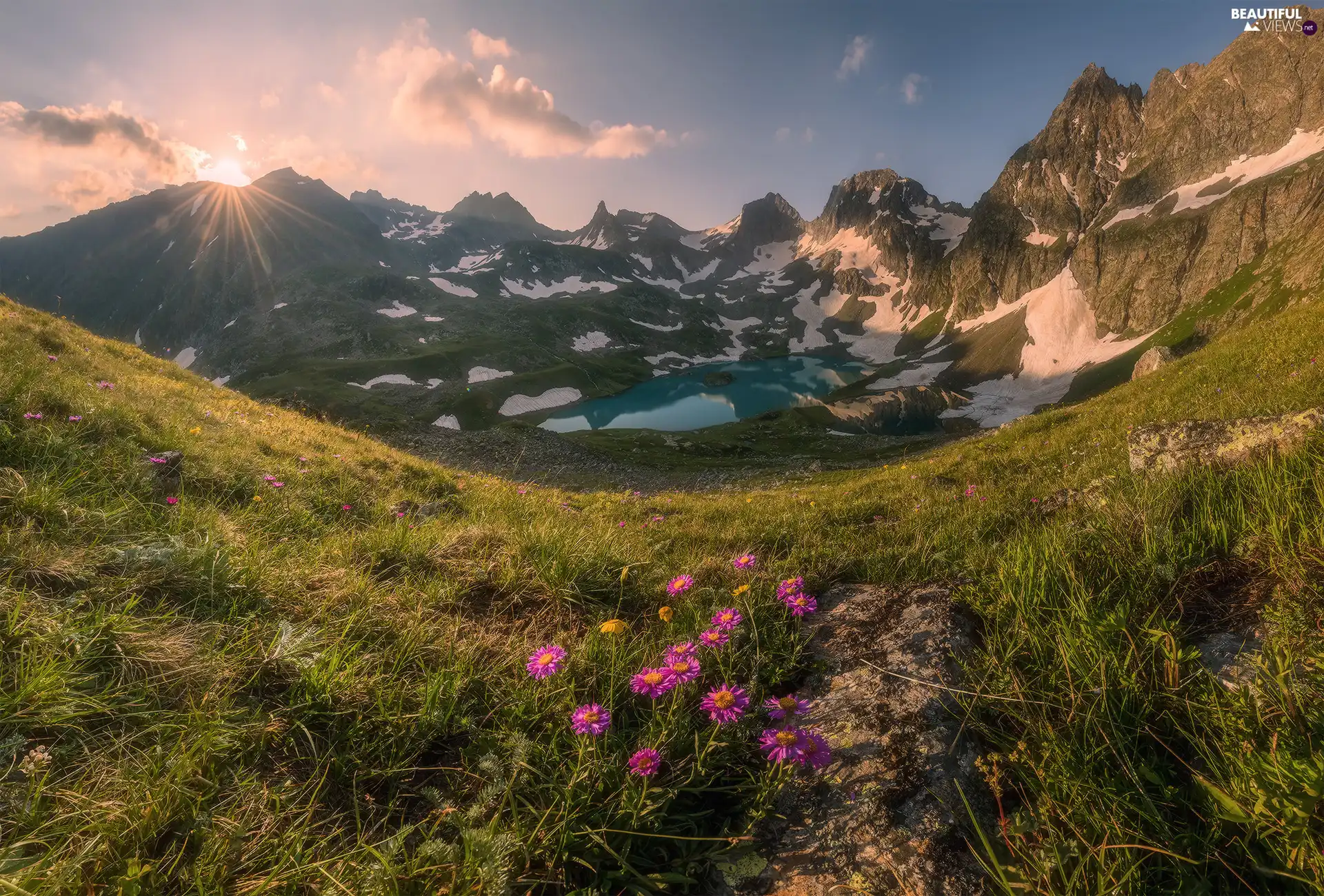 Sunrise, clouds, lake, Flowers, Mountains