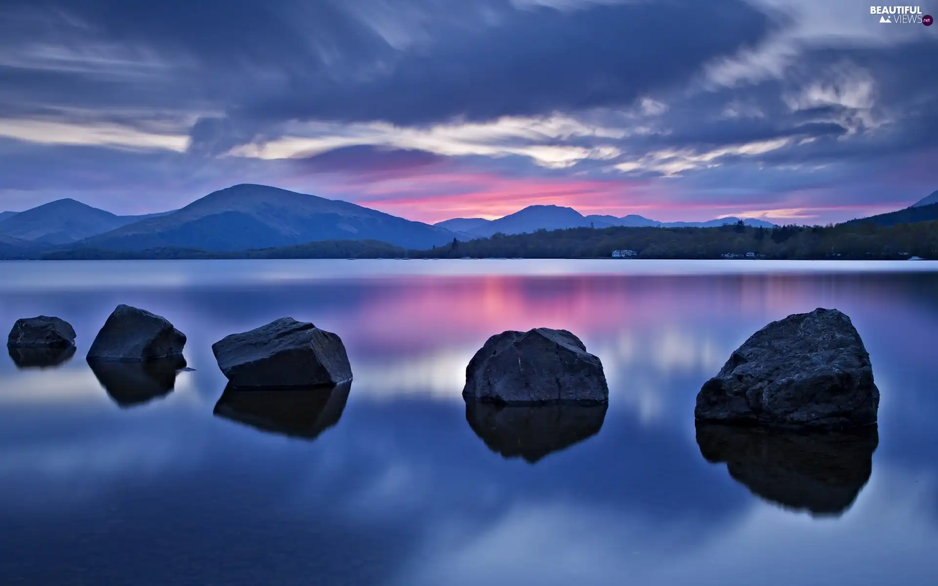 lake, Stones, clouds, Mountains