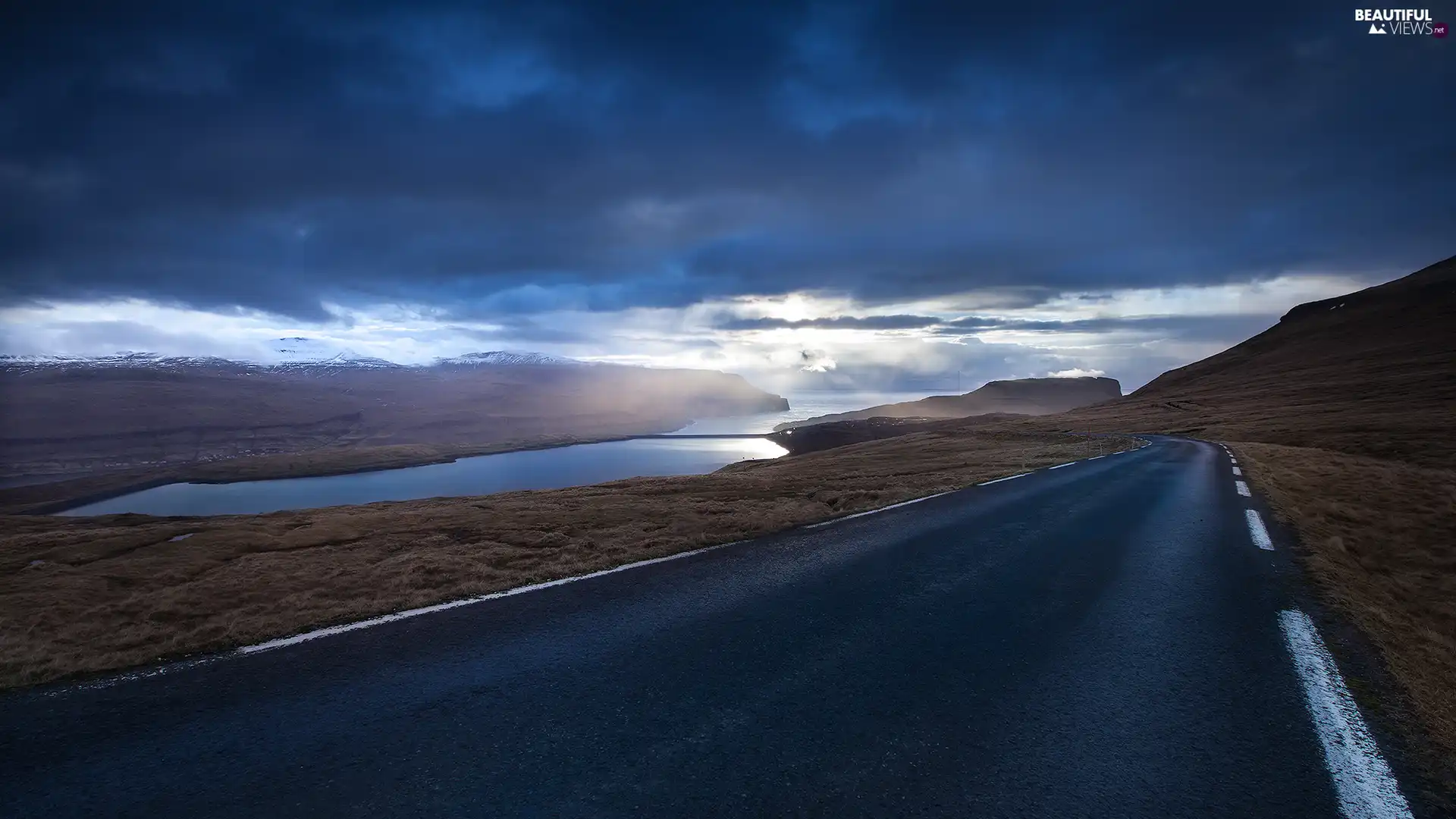 clouds, Way, lake