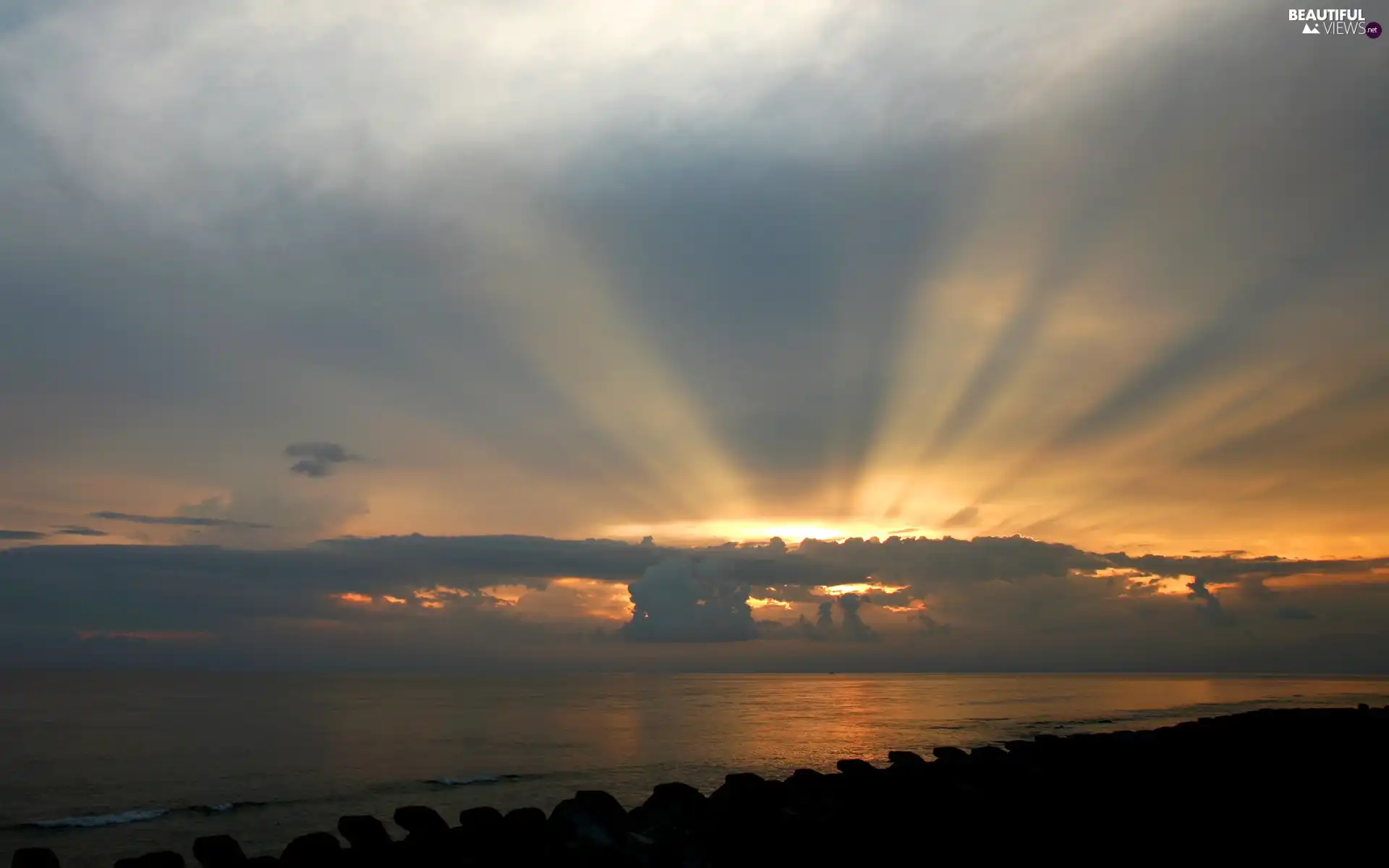 clouds, lake, sun, rays, west