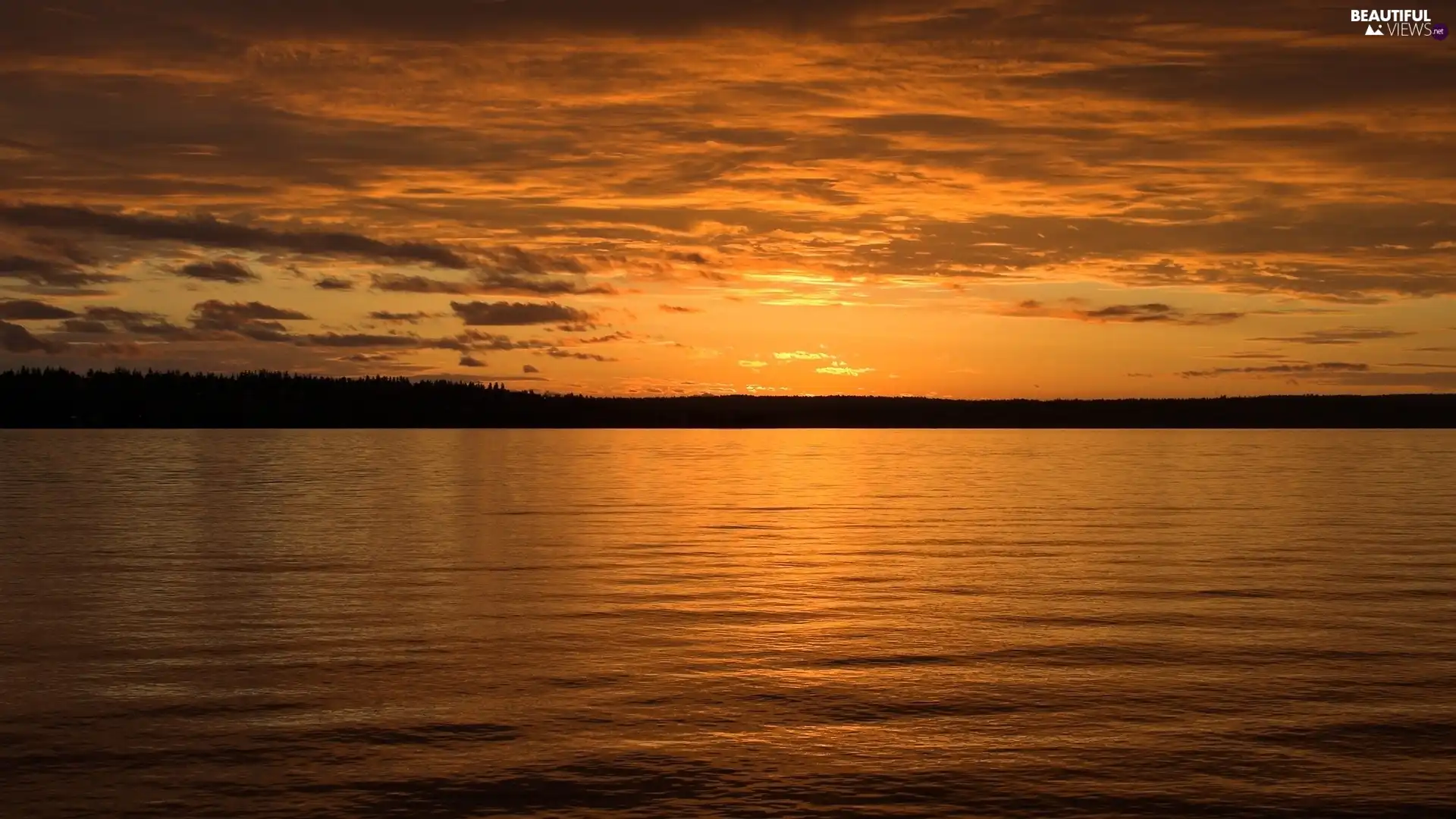 clouds, lake, sun, rays, west