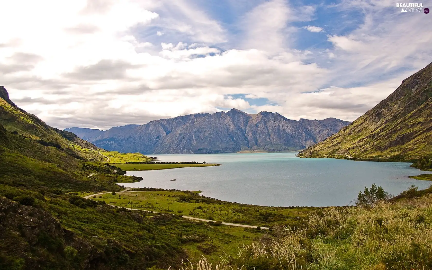 lake, White, clouds, Mountains