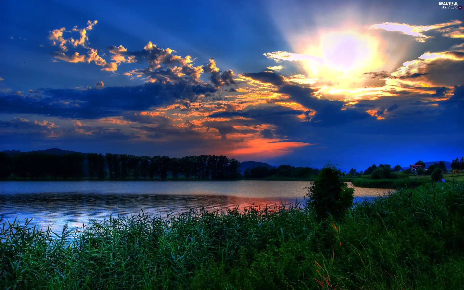 lake, clouds