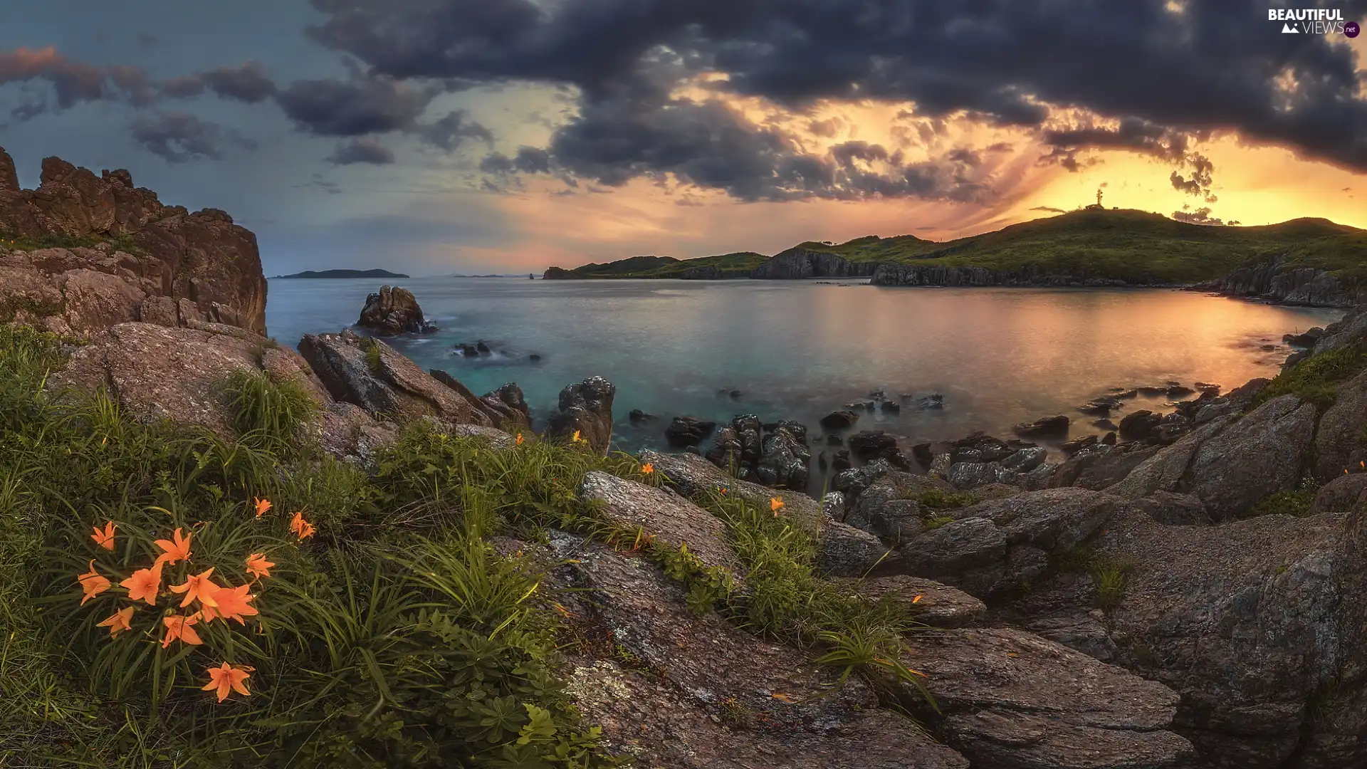 rocks, Mountains, lilies, dark, Orange, sea, Gulf, clouds