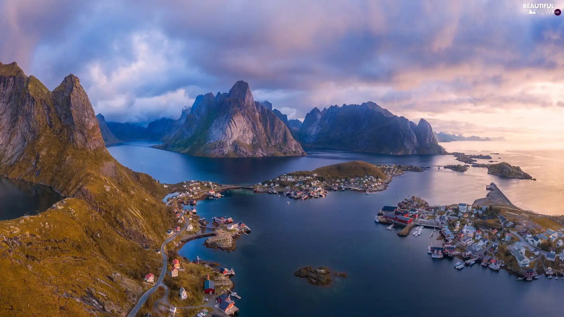 North Sea, Lofoten, Villages, Mountains, Norway, Houses, clouds
