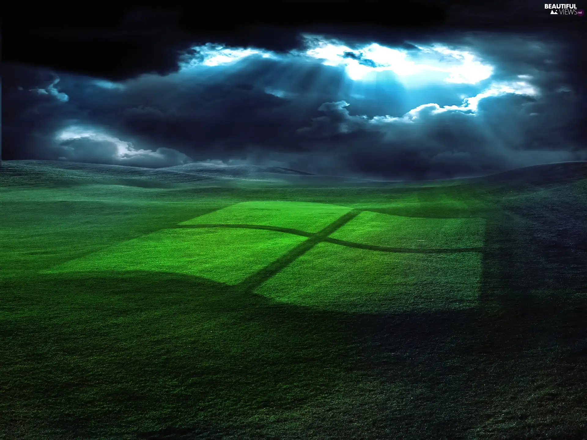 logo, Meadow, clouds, windows