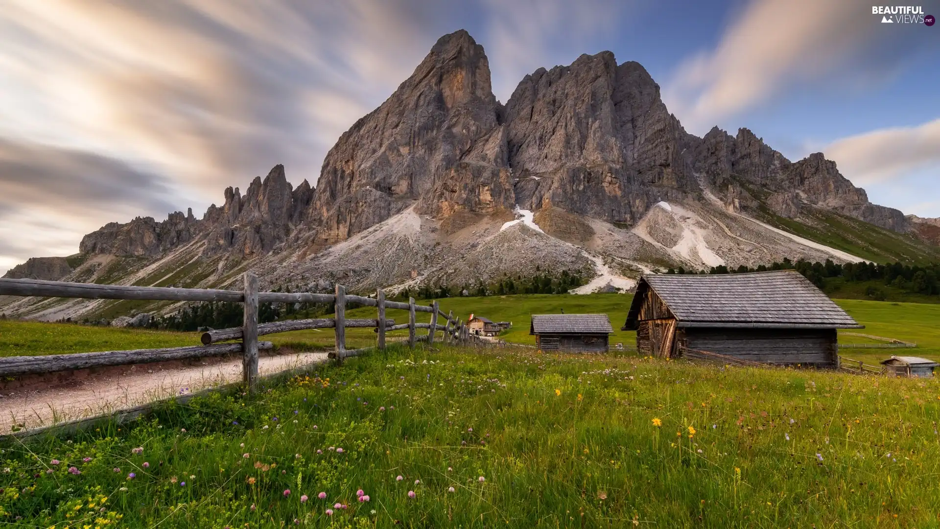 Houses, clouds, Meadow, fence, Mountains