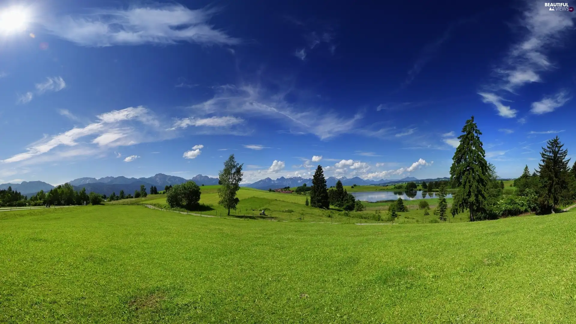 medows, River, clouds, Mountains