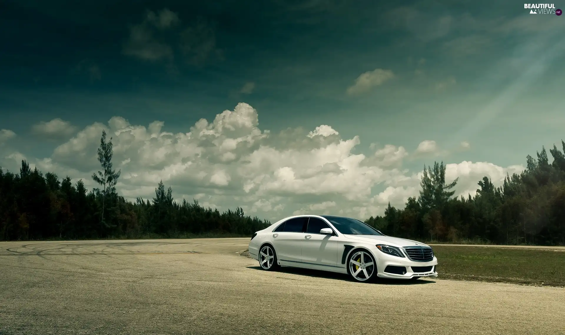 Mercedes, forest, clouds, Benz