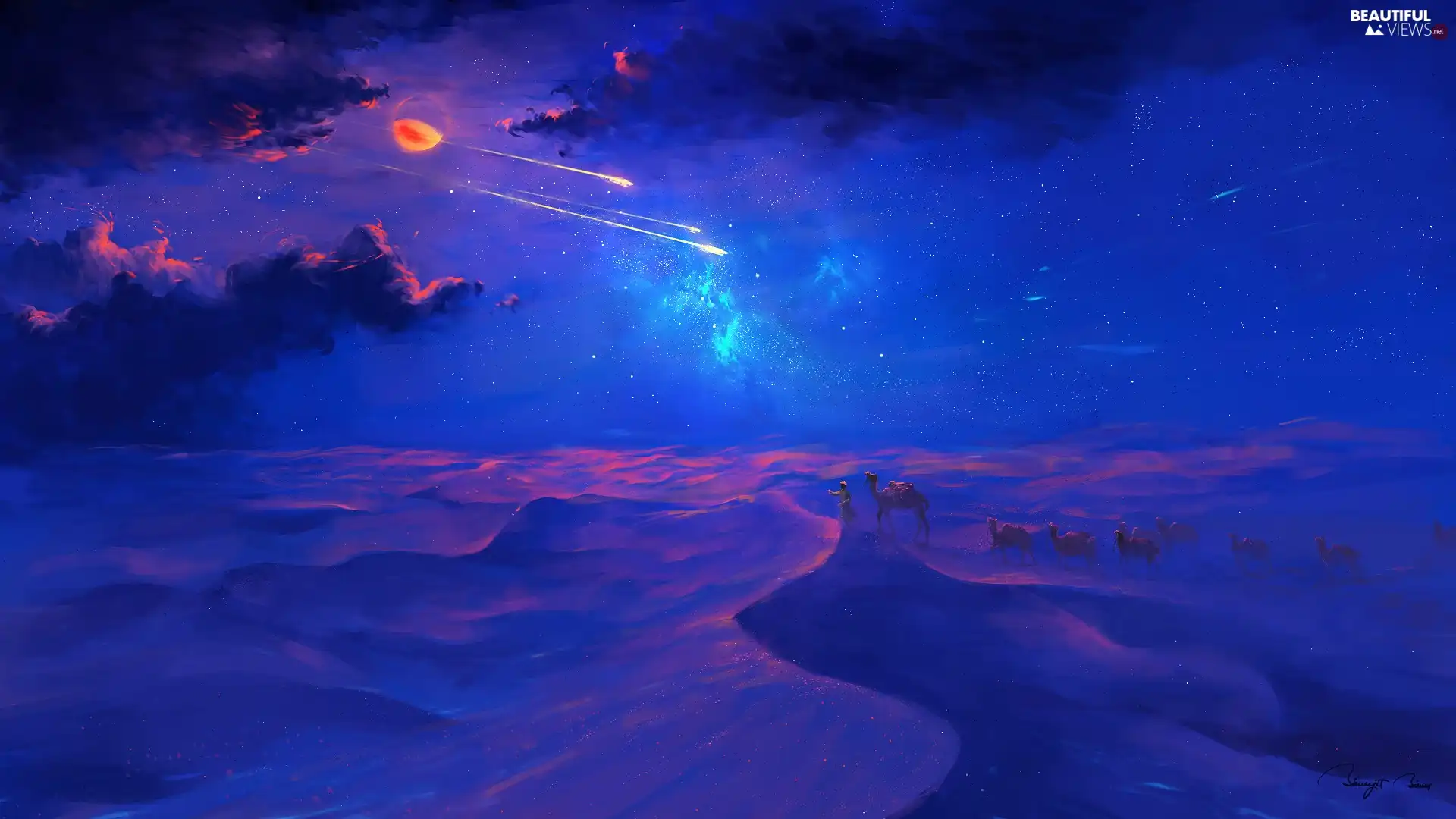 caravan, Camels, moon, Night, comet, Desert, graphics, clouds