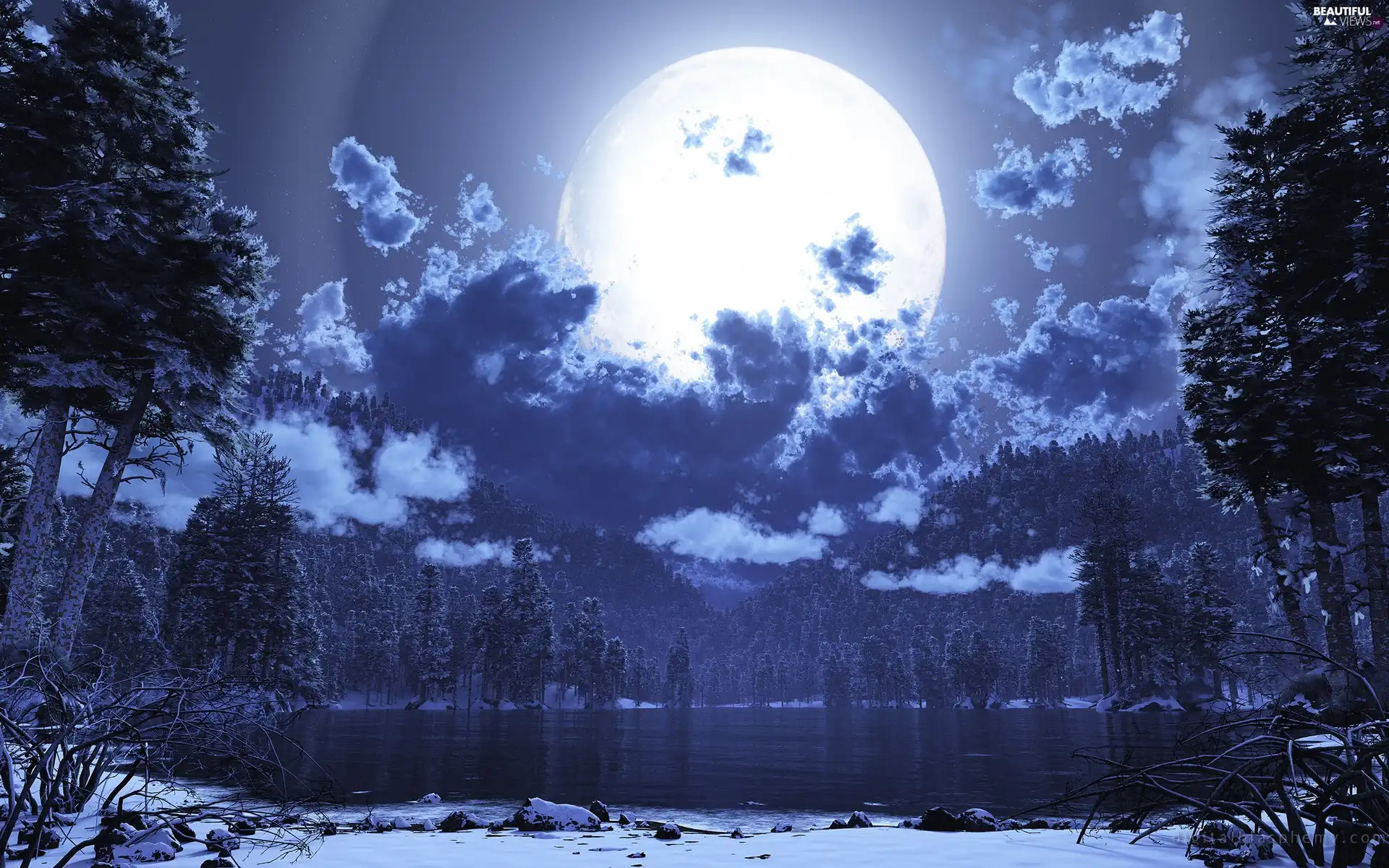 clouds, moon, lake, forest, winter - Beautiful views wallpapers: 2560x1600