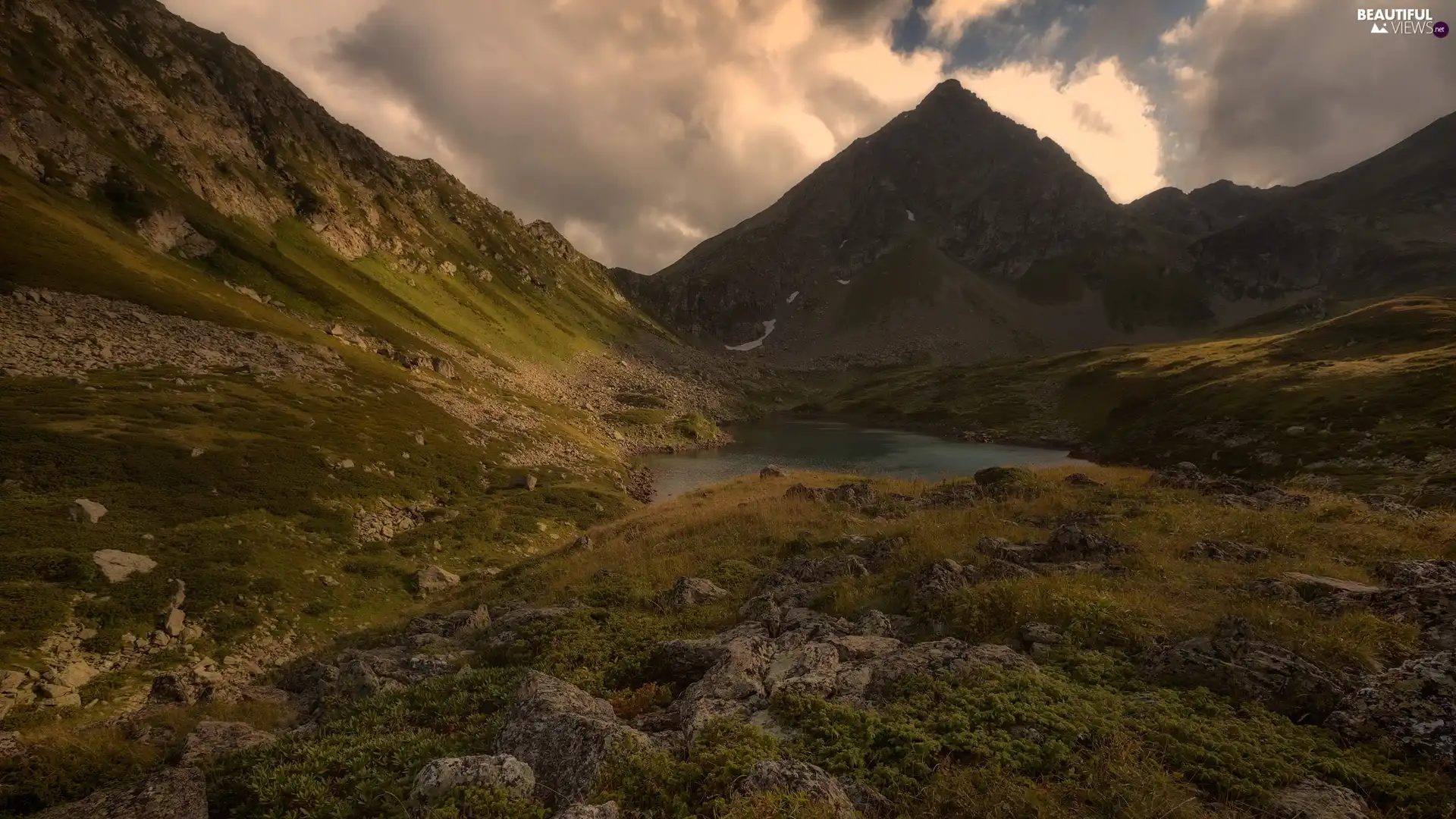 rocks, clouds, mount, lake, Mountains