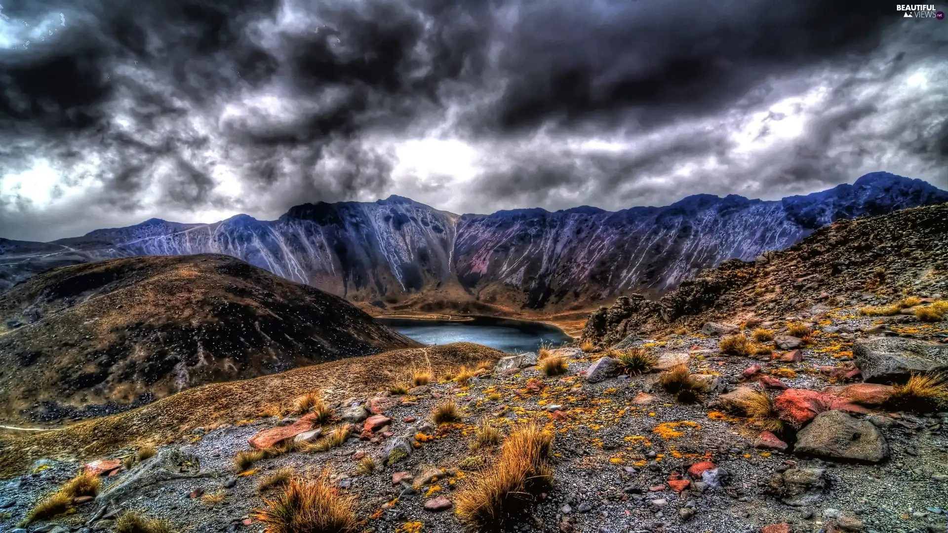 Mountains, Black, clouds, lake