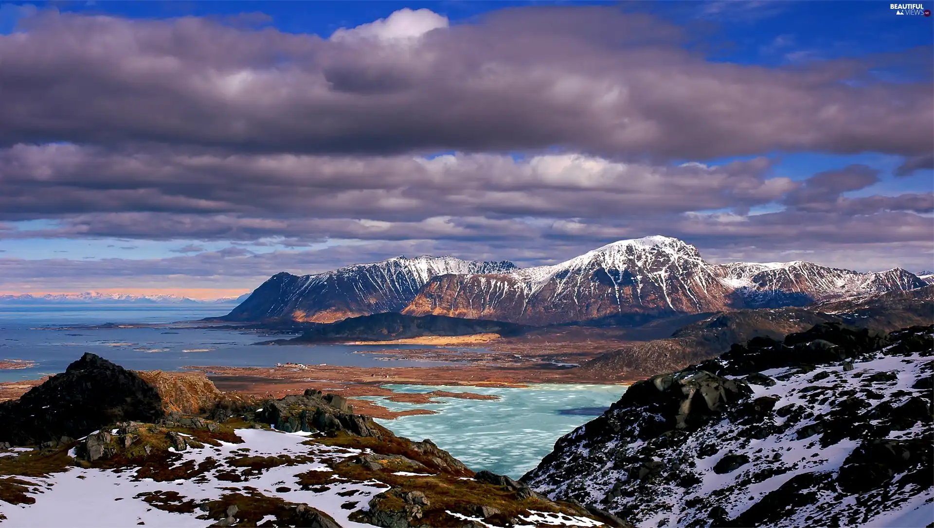 Mountains, dark, clouds, River