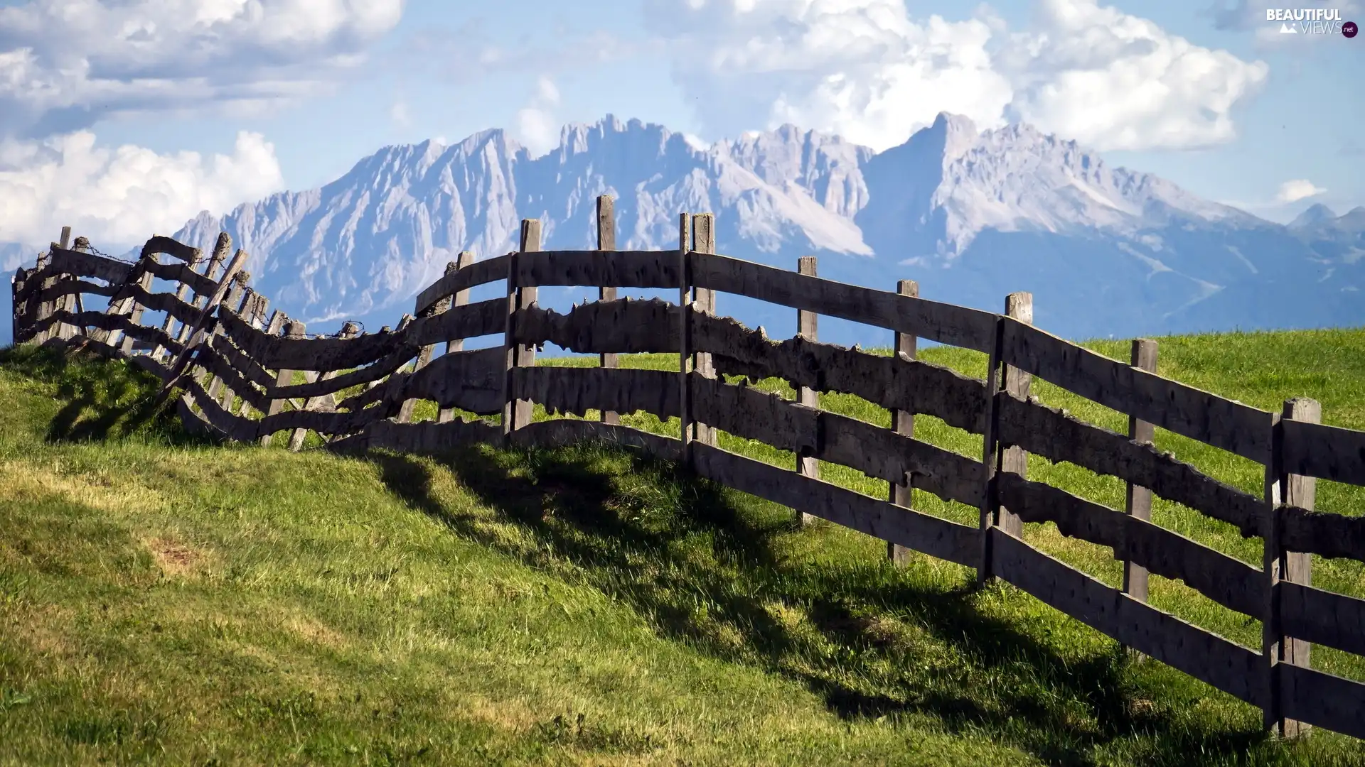 Mountains, fence, clouds, medows