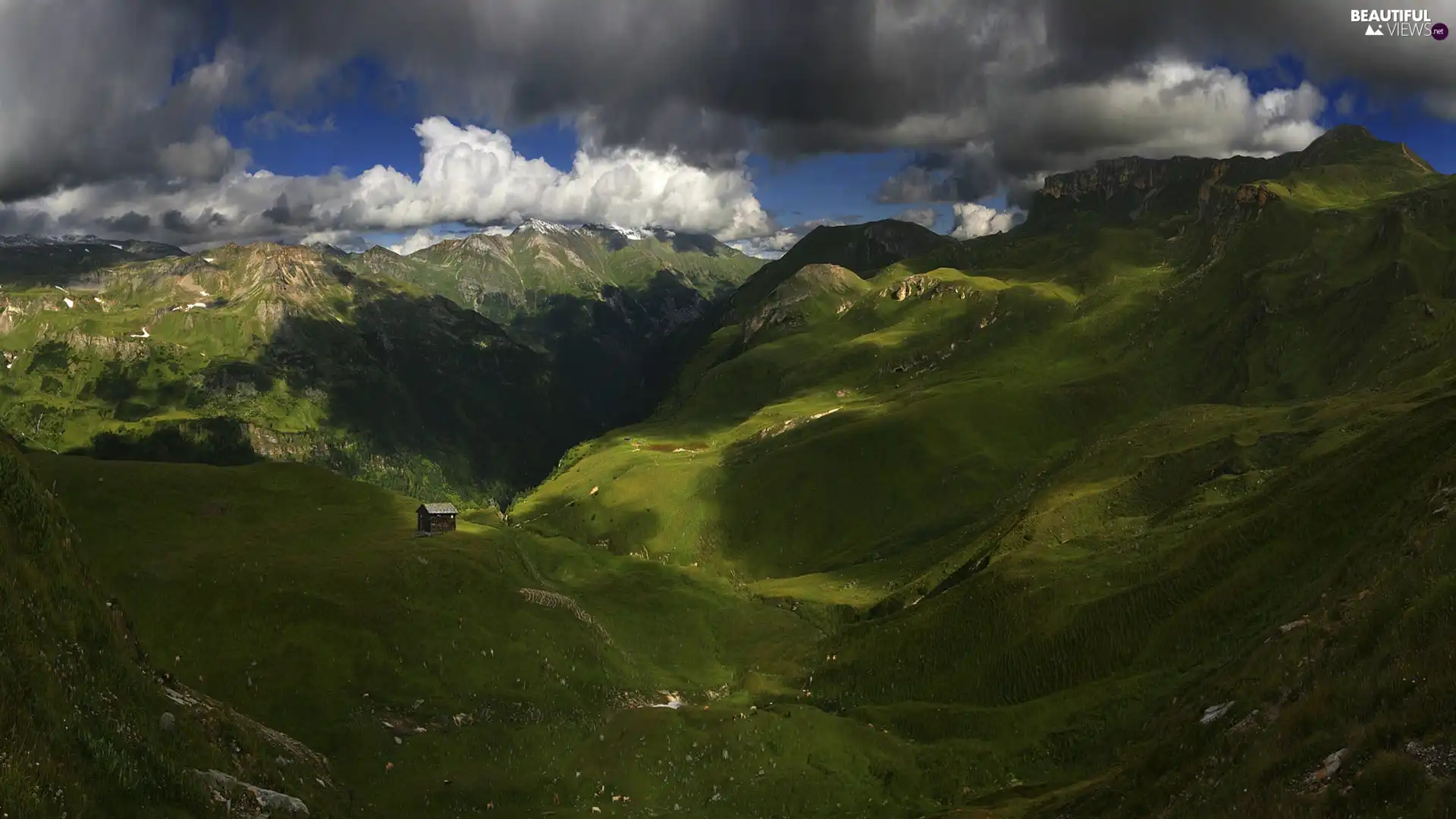 Mountains, Home, clouds, Valley