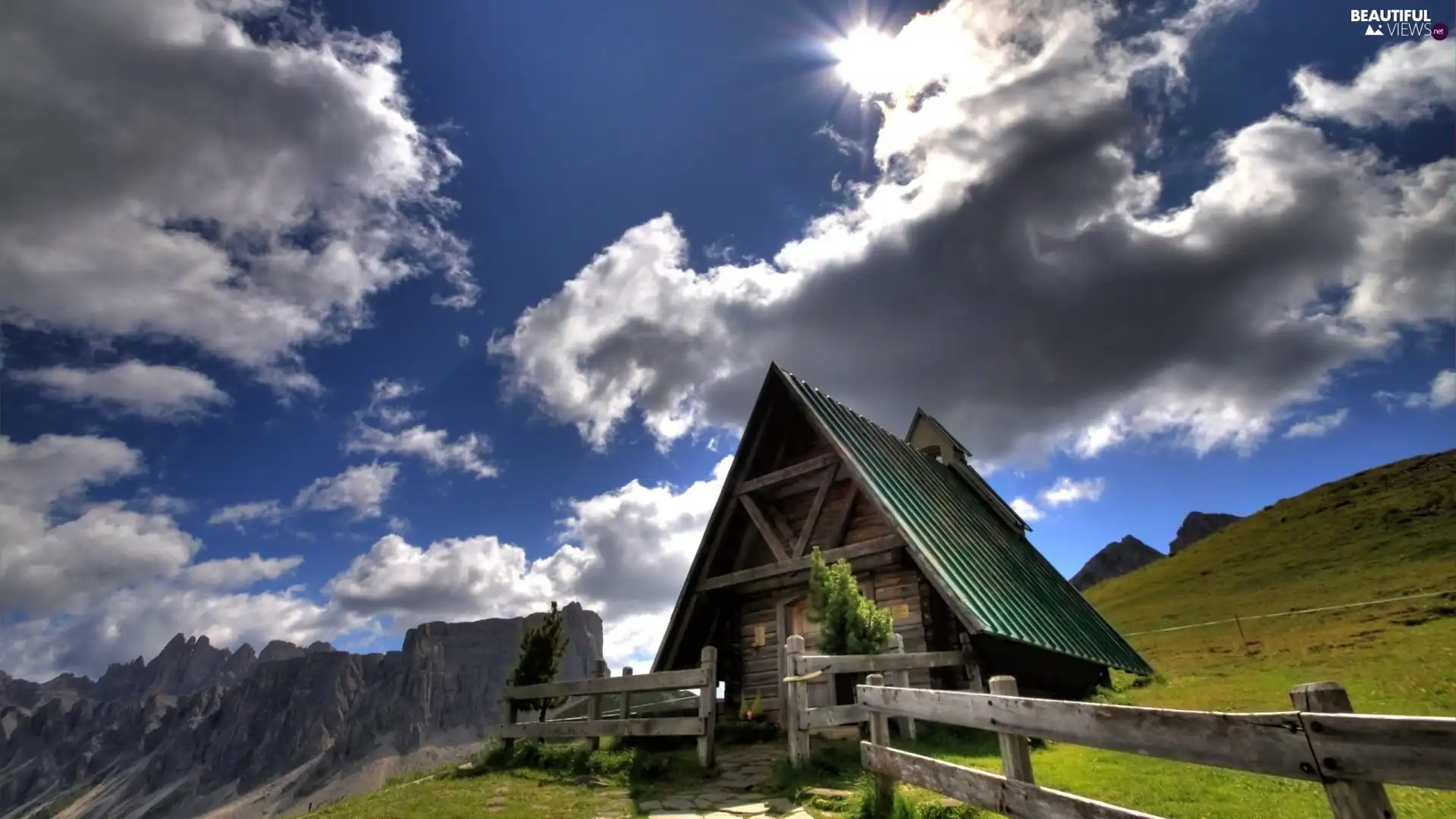 clouds, house, Mountains