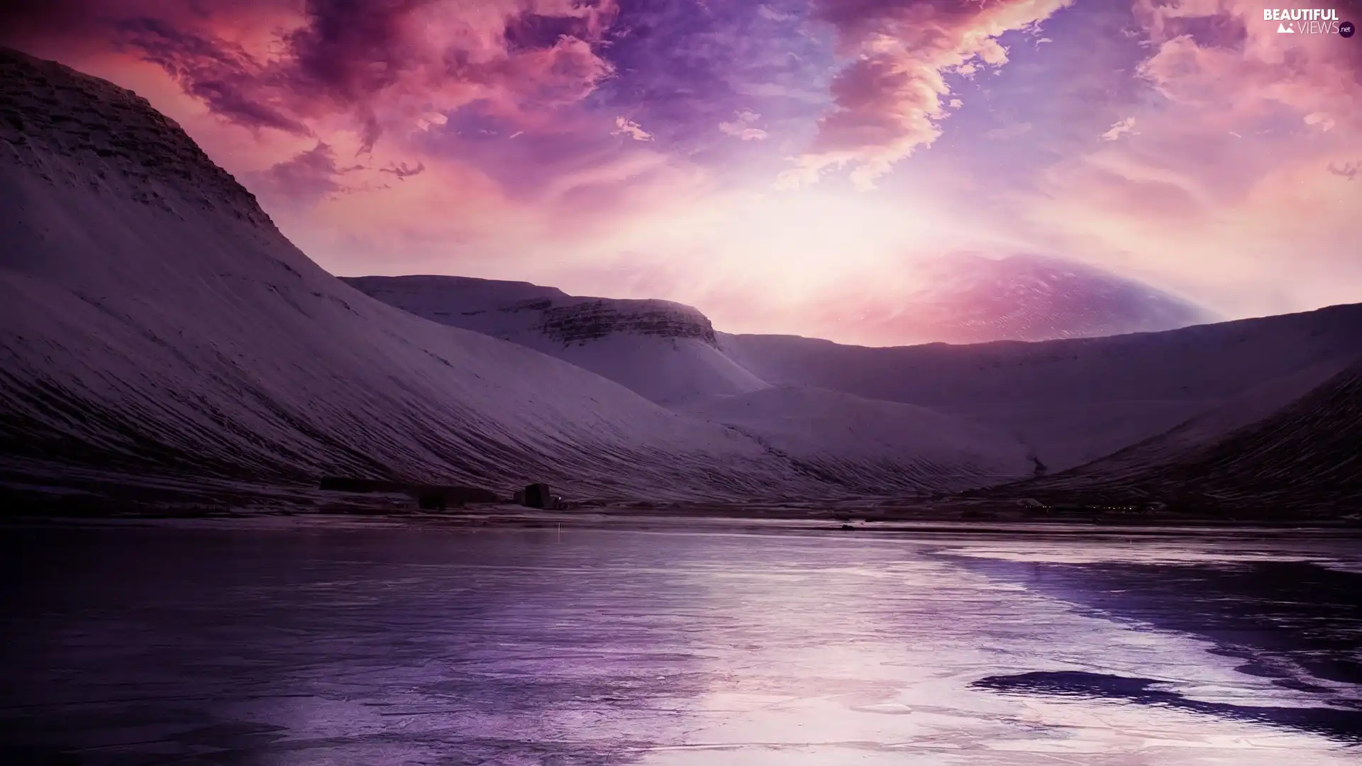 clouds, lake, Mountains